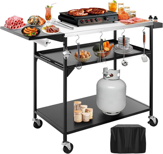 Outdoor Pizza Oven Table,Three-Shelf Outdoor Table with Waterproof Cover, Pizza Oven Stand Tables with Wheels, Movable Outdoor Grill Food Prep Heavy Duty Grill Cart