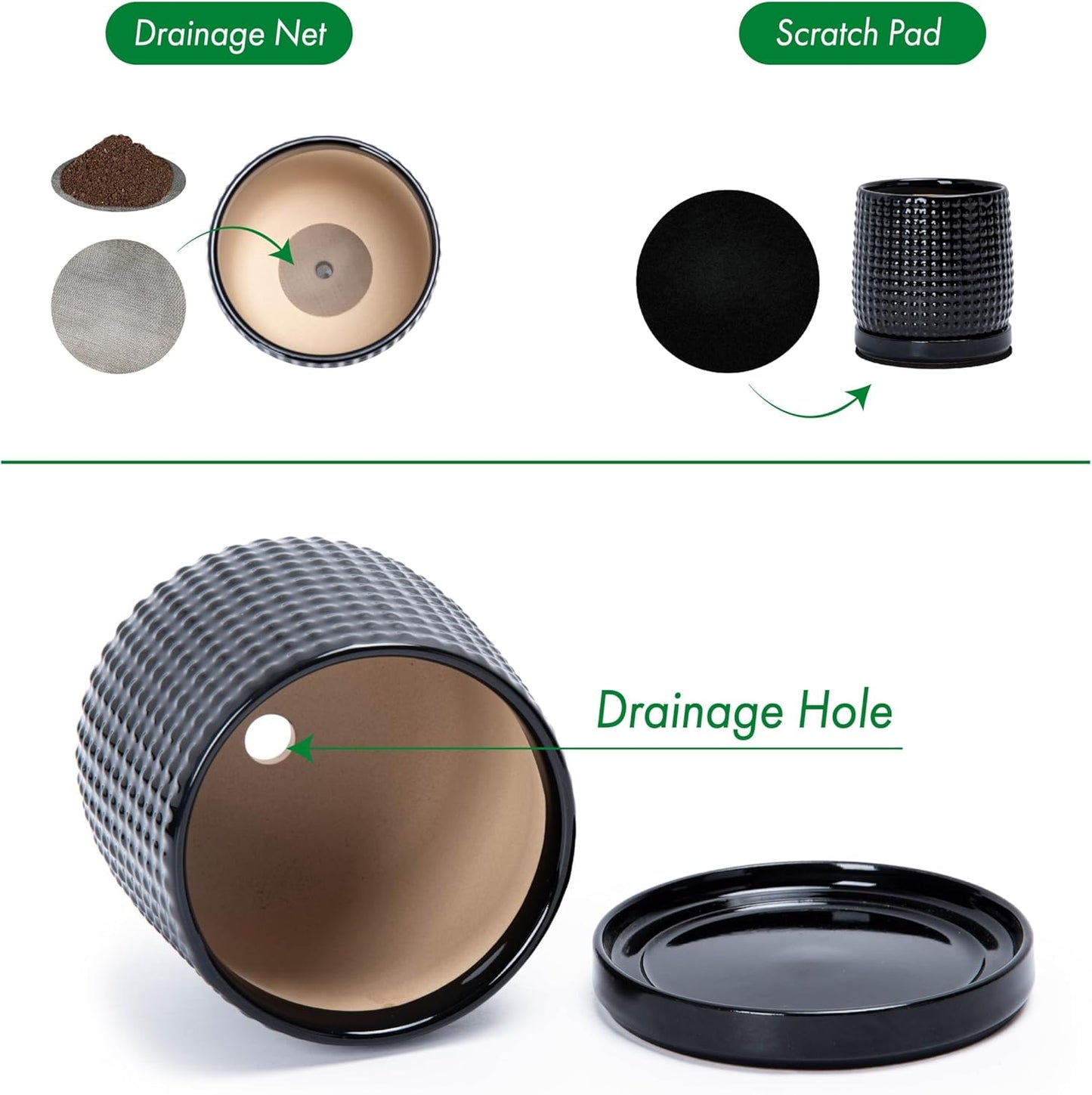 D'vine Dev 4 Inch Ceramic Beaded Stoneware Planter Pot - Flower Pot with Drainage Holes and Saucers for Indoor Succulent Plants or Flowers, Glossy Black, 27-C-Z-2