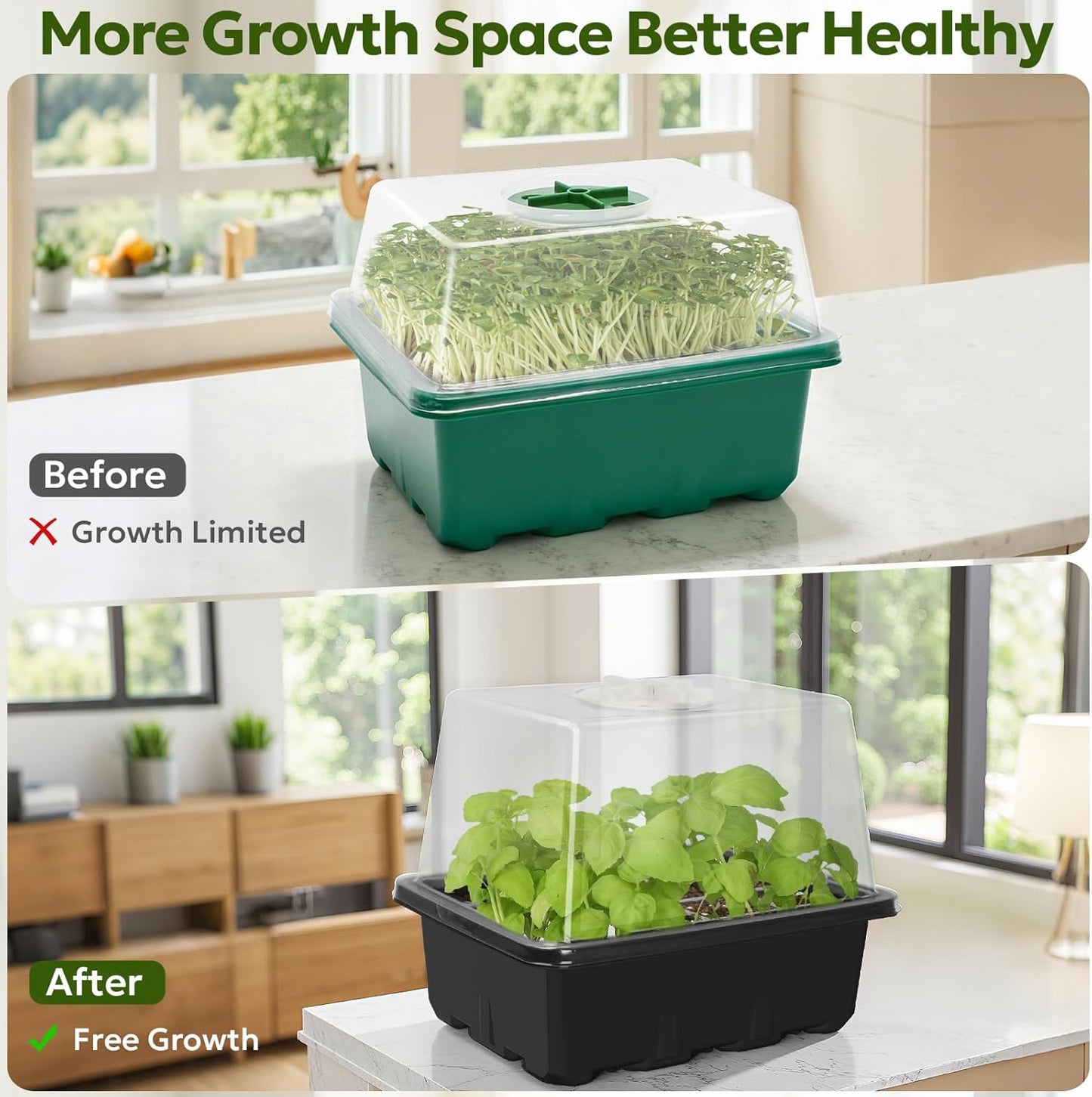 MIXC Seed Starter Kit with Grow Light, Elevated Seedling Tray Kit with Adjustable Humidity Dome and Clear Cell Tray, 12 Full Spectrum Led Beads for Seed Starting Greenhouse, 6 Pack, Black