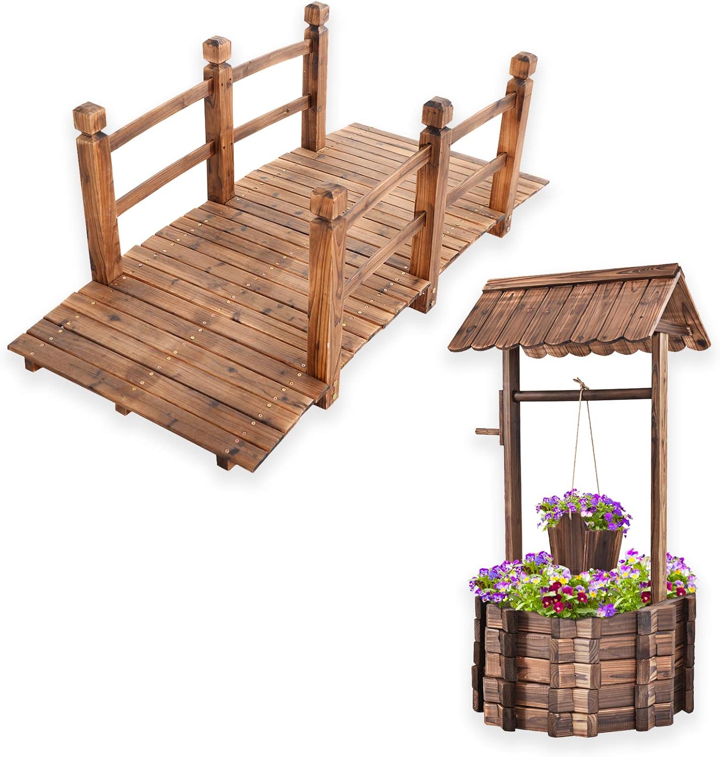 S AFSTAR Wooden Garden Bridge, 5FT Stain Finished Arch Footbridge with Safety Rails for Garden Patio Yard, Outdoor Pond Bridge & Wishing Well Planter Set
