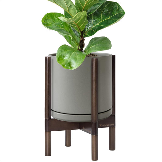 D'vine Dev Ceramic Planter with Walnut Color Stand - 10 Inch Modern Round Flower Pot with Wood Planter Holder, Grey, 55-B-X-3