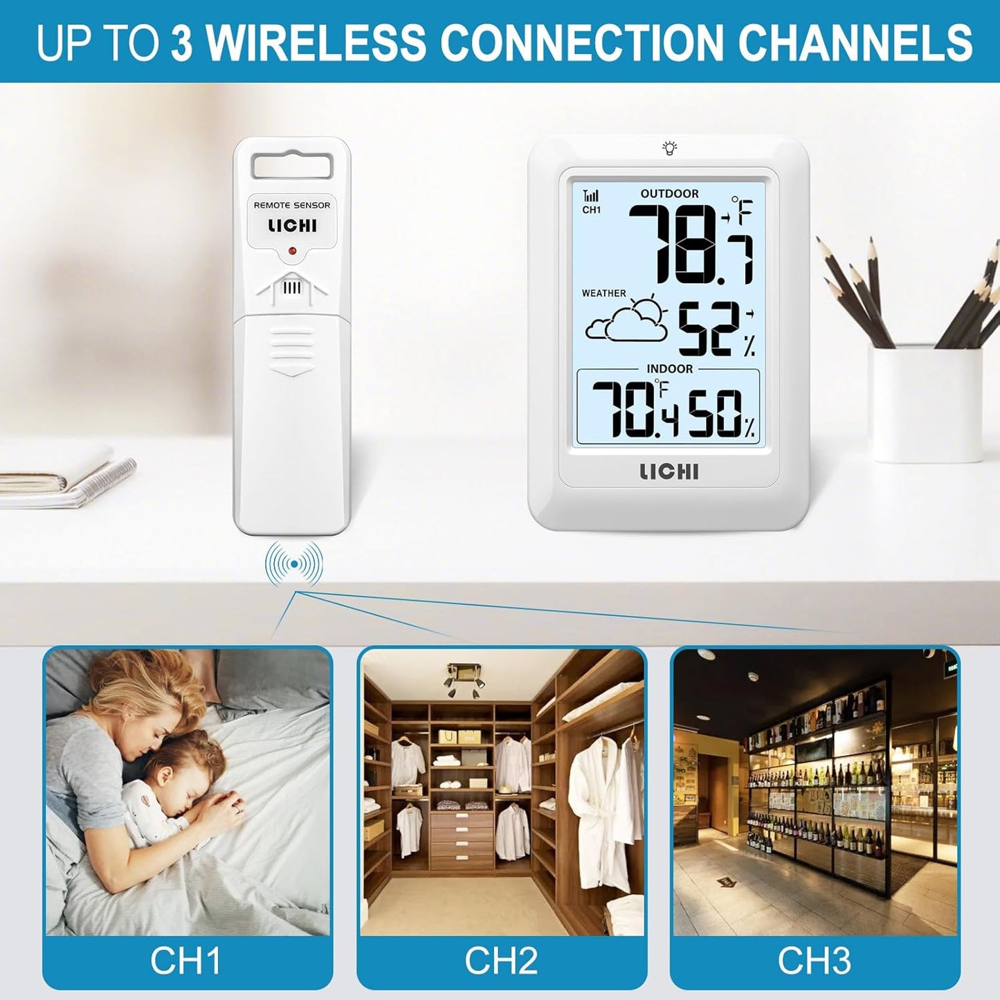 Indoor Outdoor Thermometer Wireless Weather Station, Internal External Thermometer Hygrometer, Home Batteryoperated Temperature Humiditymonitors330 Feet (About 100 Meters) Backlight Display (White)