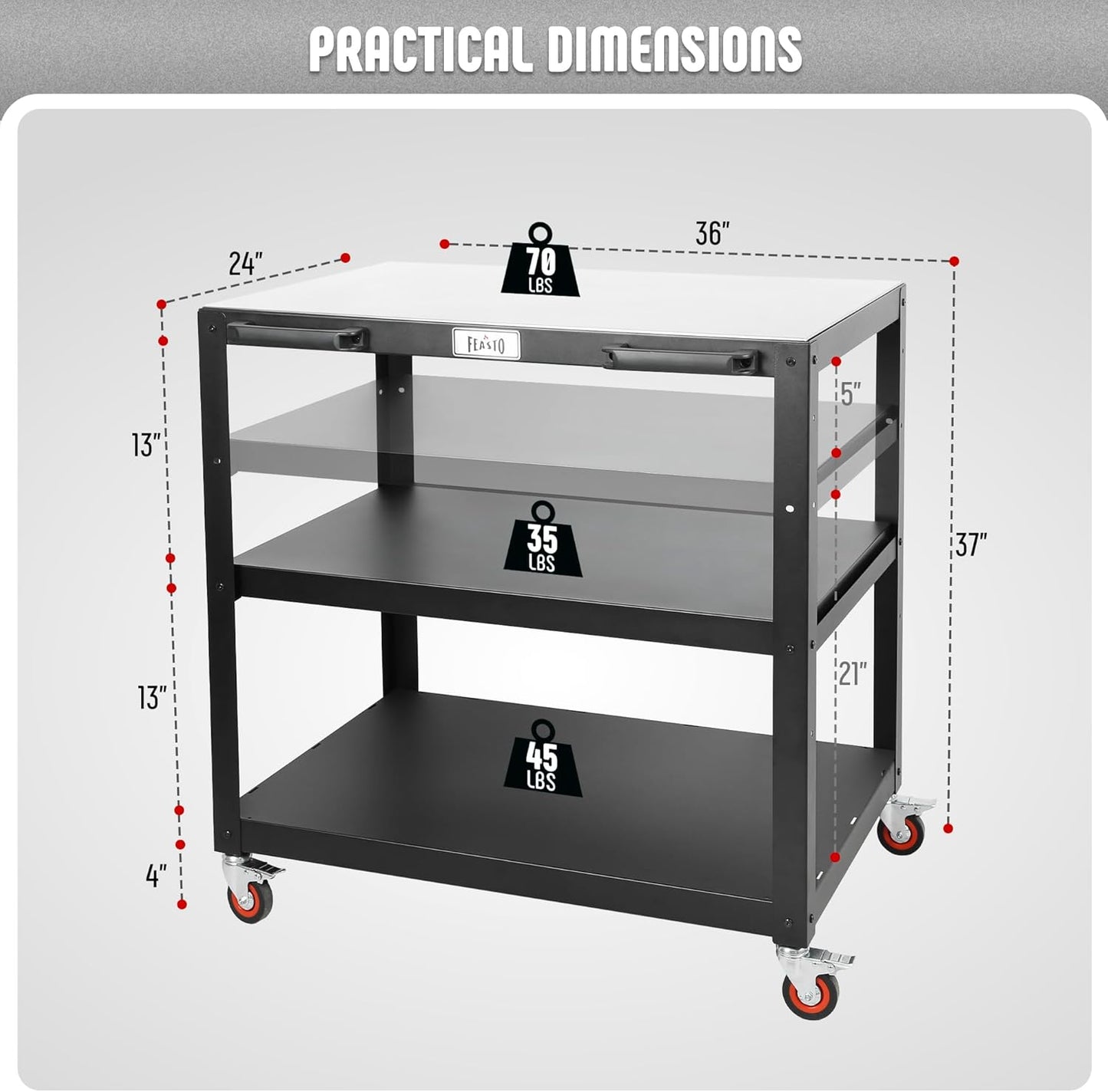36''x 24'' Large Movable Pizza Oven Table for Outdoor, 304 Stainless Steel Grill Cart with Wheels, 3-Shelf Outdoor Kitchen Prep Table Pizza Oven Stand on Wheels for Pizza Oven& Griddle