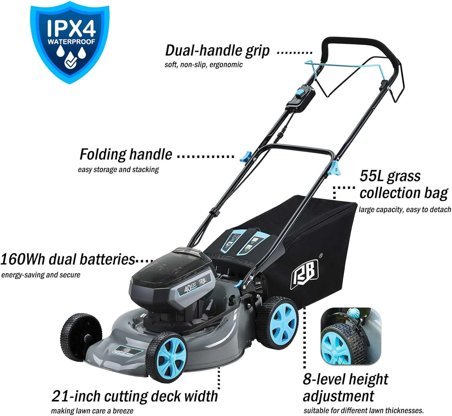 RB 80V Battery Power Lawn Mower 18” Cordless 7 Cutting Heights Adjustable Lawnmower Brushless Motor Low Noise 4 in 1 Push Mower with Fast Charger and 2 x40V 4.0AH Battery