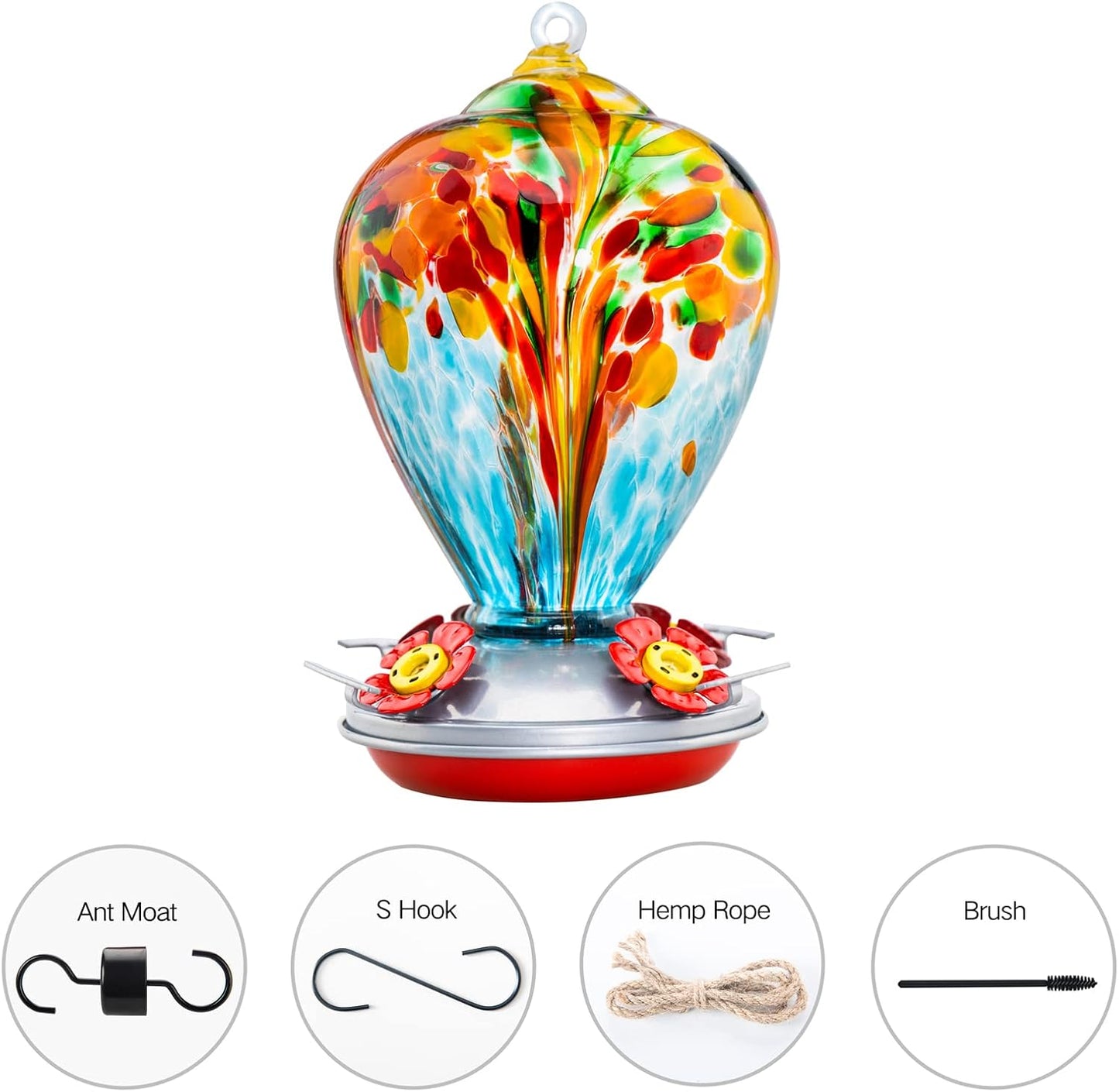 2 Packs Hummingbird Feeder for Outdoors Hanging Ant and Bee Proof, 32OZ & 34OZ, Hand Blown Glass Hummingbird Feeders for Outside, Blue & Teal