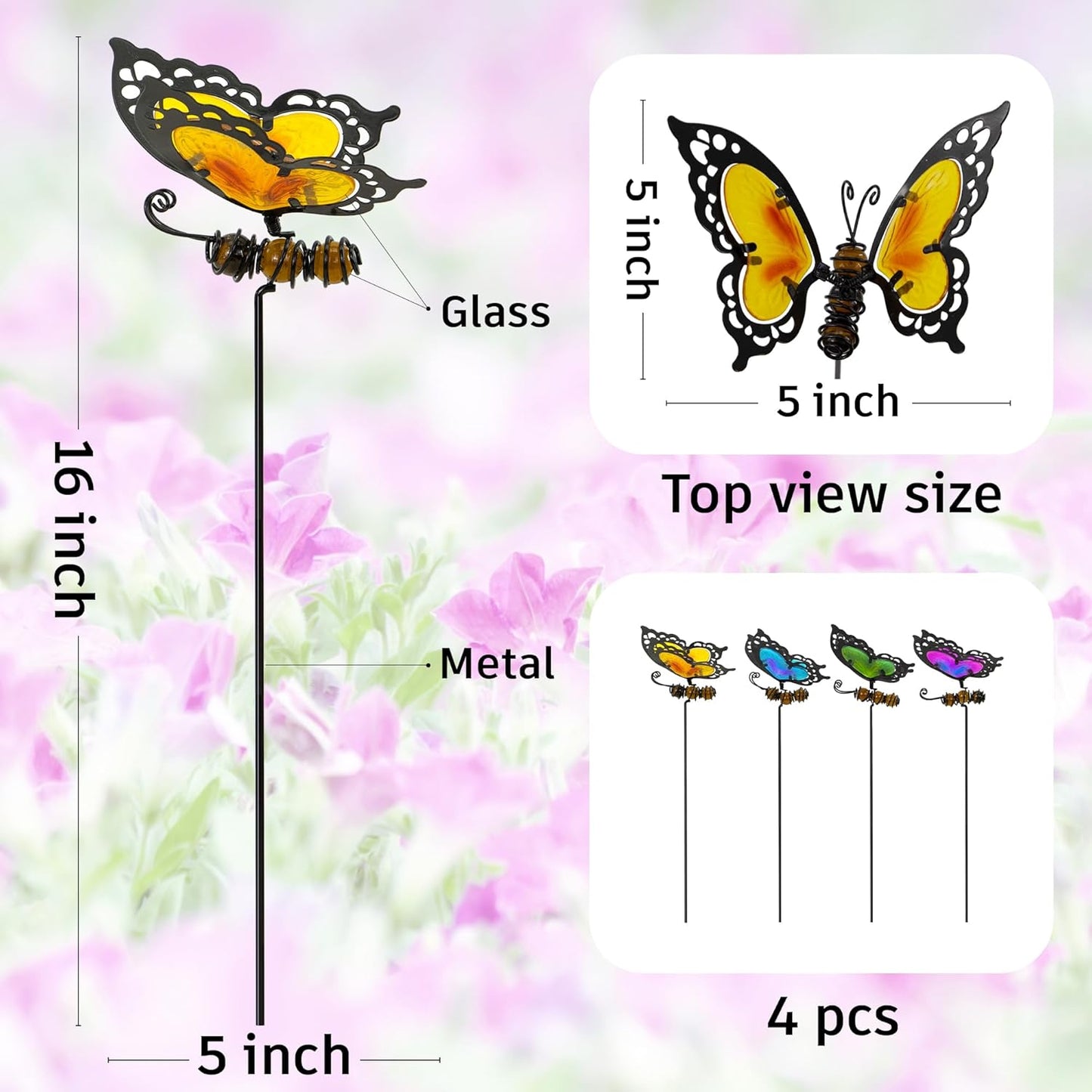 Butterfly Garden Stakes,Kit Made of Glass and Metal,Colorful Butterfly Garden Decorations Can Make The Garden Full of Color and Vitality. (Mix)