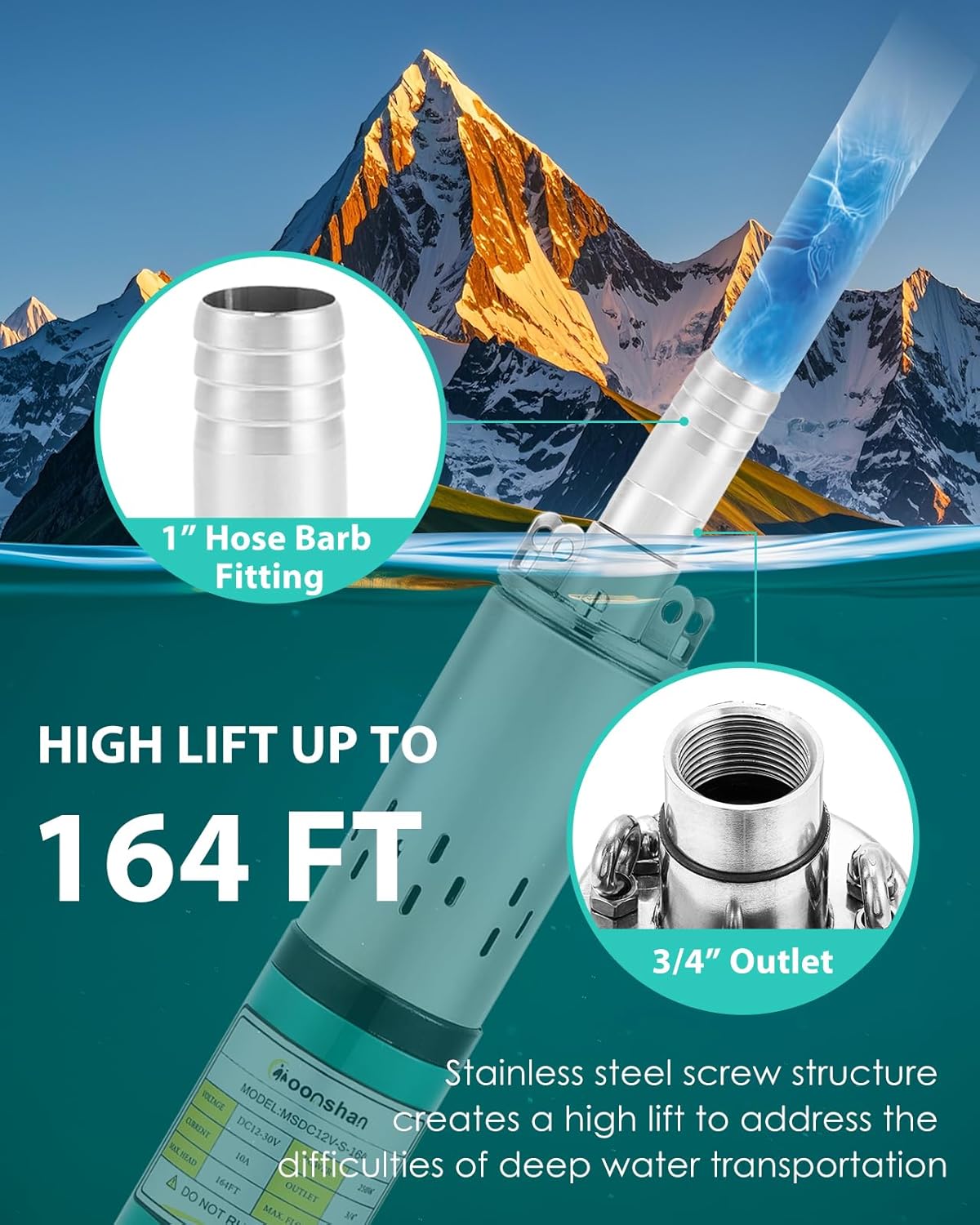 24V DC Deep Well Pump Solar Submersible Water Pump, Max Head 164 FT, Max Flow Rate 6.6 GPM, Stainless Steel Screw Pump for Well, Livestock, Water Reservoir