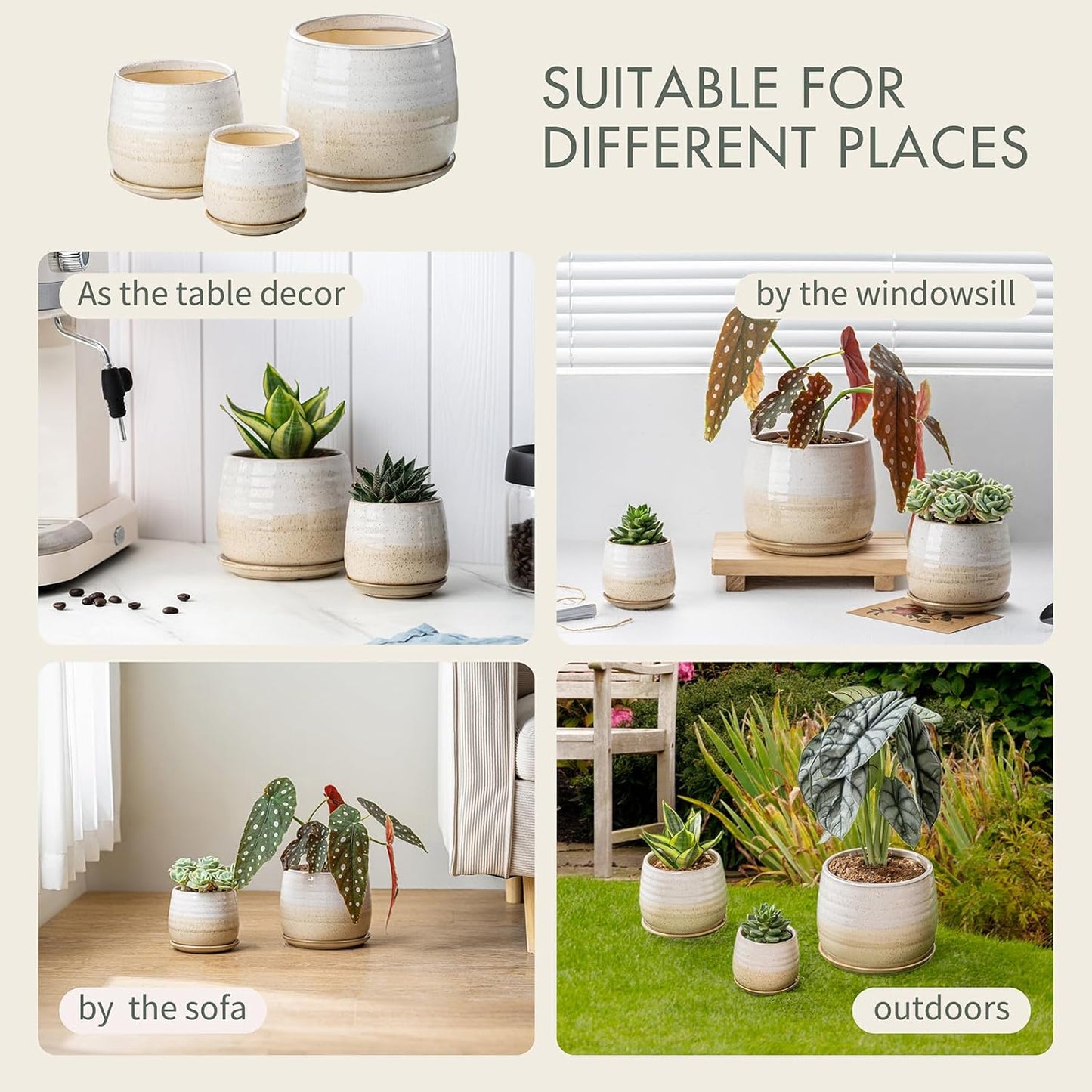 3 Pack Ceramic Small Plant Pots Planters for Indoor Flowers Plants with Drainage Holes & Saucer, Cactus Succulent, Home Decor, 3.4+4.7+6.1 Inch Flower Pot Set of 3, White