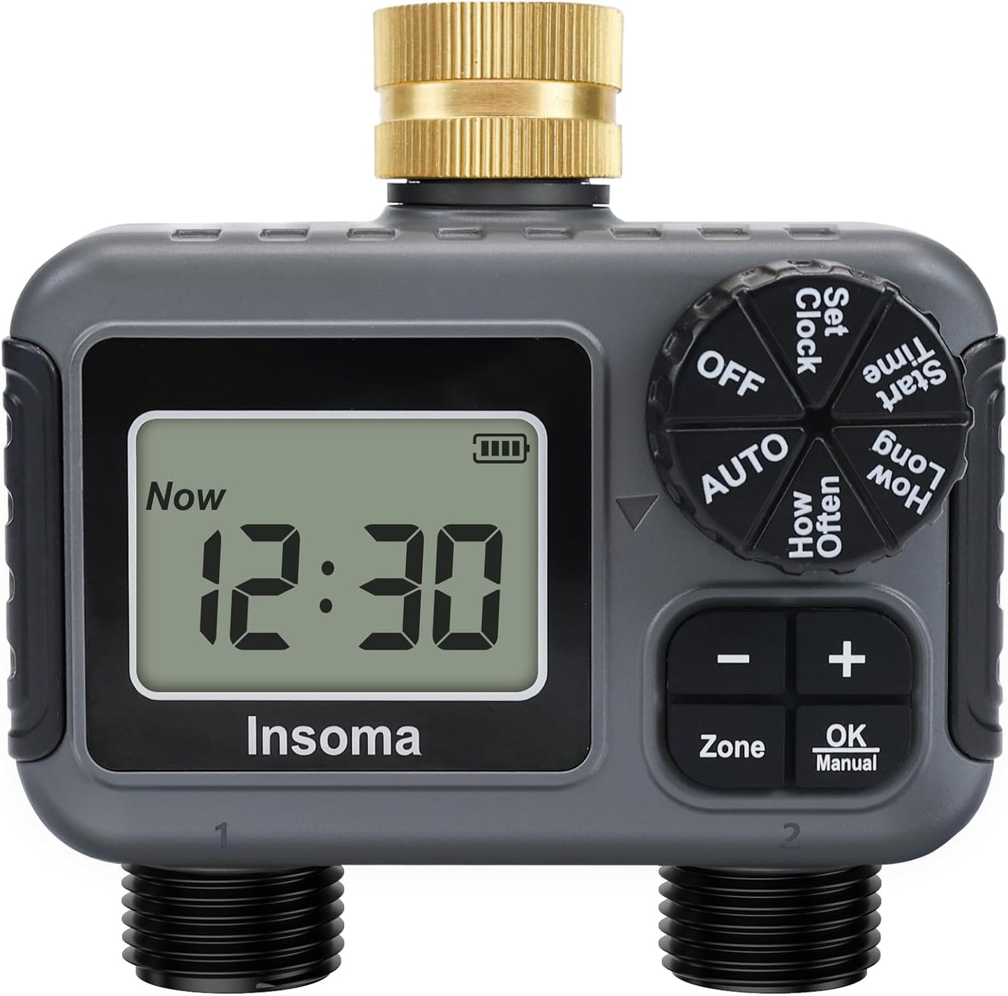 Insoma 2-Zone Hose Timer - Brass Inlet Dual Outlet Sprinkler Timer with Rain Delay/Manual/Auto Modes, 2-Outlet Water Timers for Garden/Greenhouse/Flower Irrigation, Durable Faucet Timers for Lawn Care