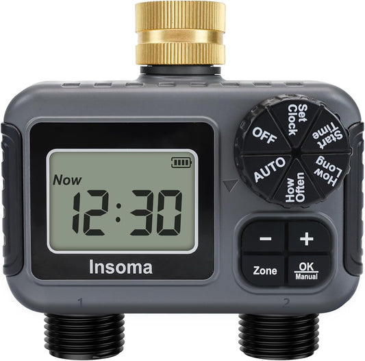 Insoma 2-Zone Hose Timer - Brass Inlet Dual Outlet Sprinkler Timer with Rain Delay/Manual/Auto Modes, 2-Outlet Water Timers for Garden/Greenhouse/Flower Irrigation, Durable Faucet Timers for Lawn Care