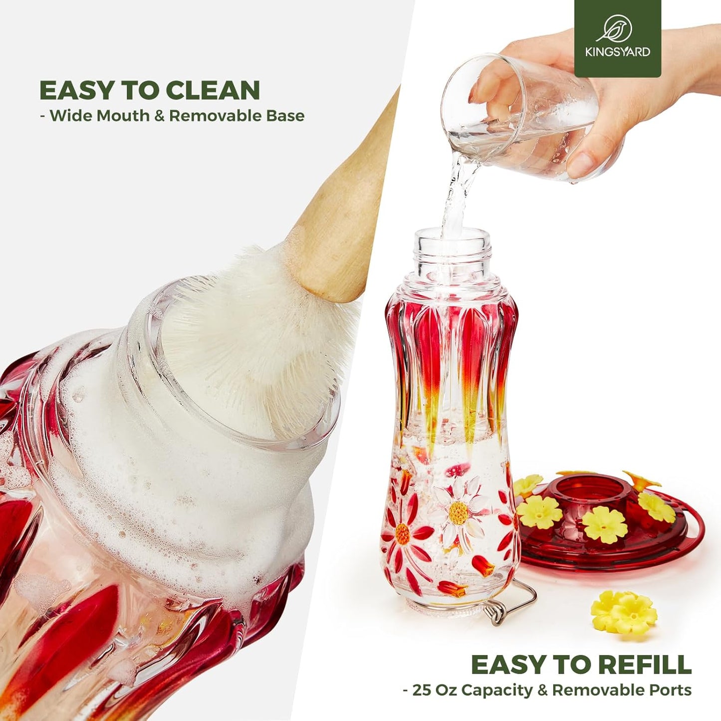 Kingsyard Hummingbird Feeder for Outdoors Hanging, 25 Ounces, Glass Humming Bird Nectar Feeder with Ant Moat & 6 Feeding Ports, Leak Proof, Red