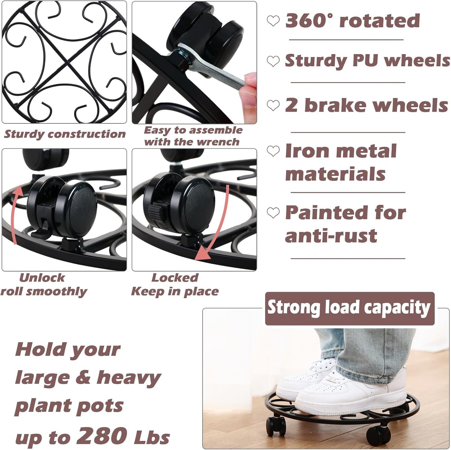 3 Packs 12" Metal Plant Caddy with Wheels Large Rolling Plant Stands Indoor Wheeled Plant Dolly Heavy-duty Pot Mover Roller Base Outdoor Plant Trolley Cart with Casters Water-proof Dust-proof, Black