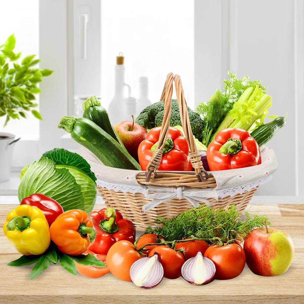 2 Pack 12.6 Inch Natural Wicker Basket with Linen Cotton Cloth Lining, Oval Wicker Woven Basket with Handle, Willow Woven Picnic Baskets for Picnic, Camping, Party(Small)