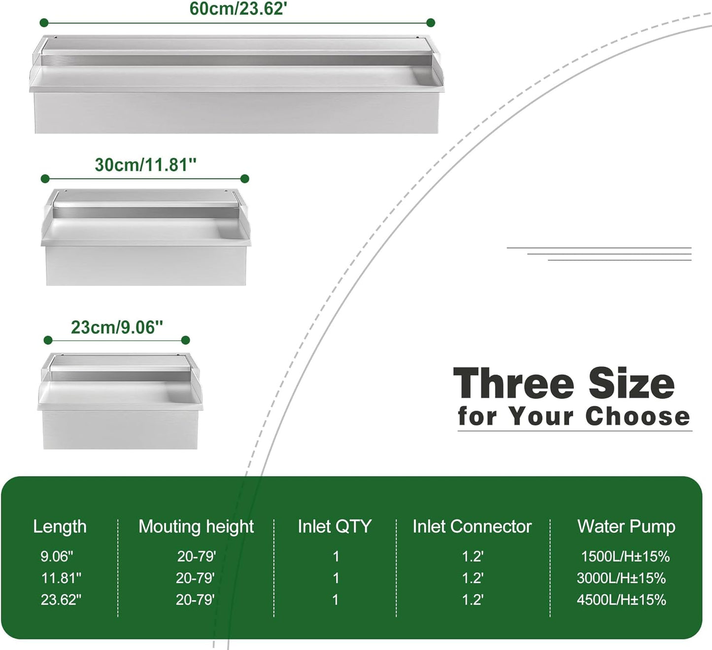 Waterfall Pool Fountain LONGRUNNEW 304 Stainless Steel 23.6" Rectangular Waterfall Spillway, Water Fall Fountain with Pipe Connector for Garden Outdoor, Swimming Pools, Fountains, Pond and Spa