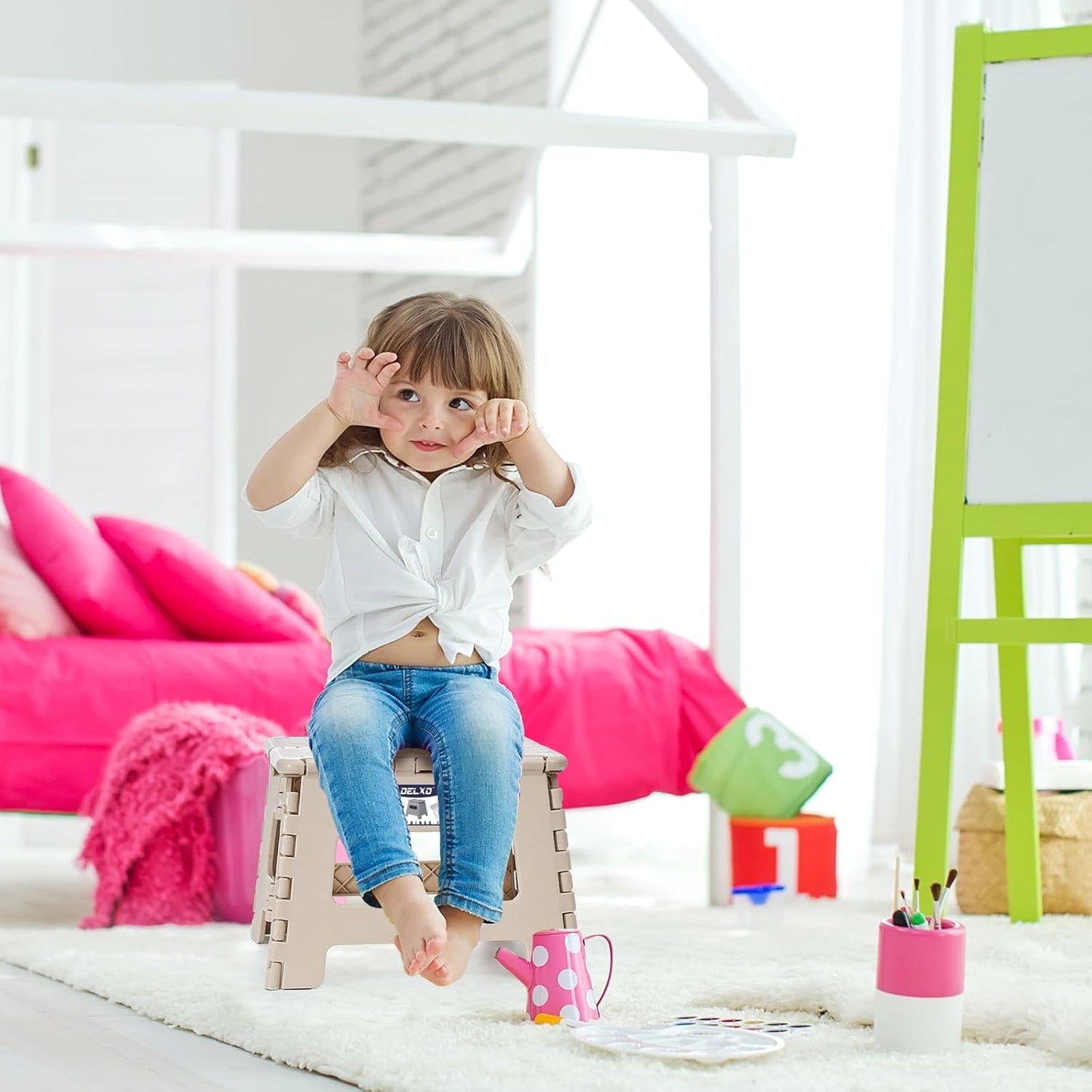 Delxo Folding Step Stool,9 Inch Lightweight Plastic Stepstool,Portable Collapsible Foldable Step Stool Non Slip Folding Stools for Kitchen Bathroom Bedroom in Khaki,1 Pack