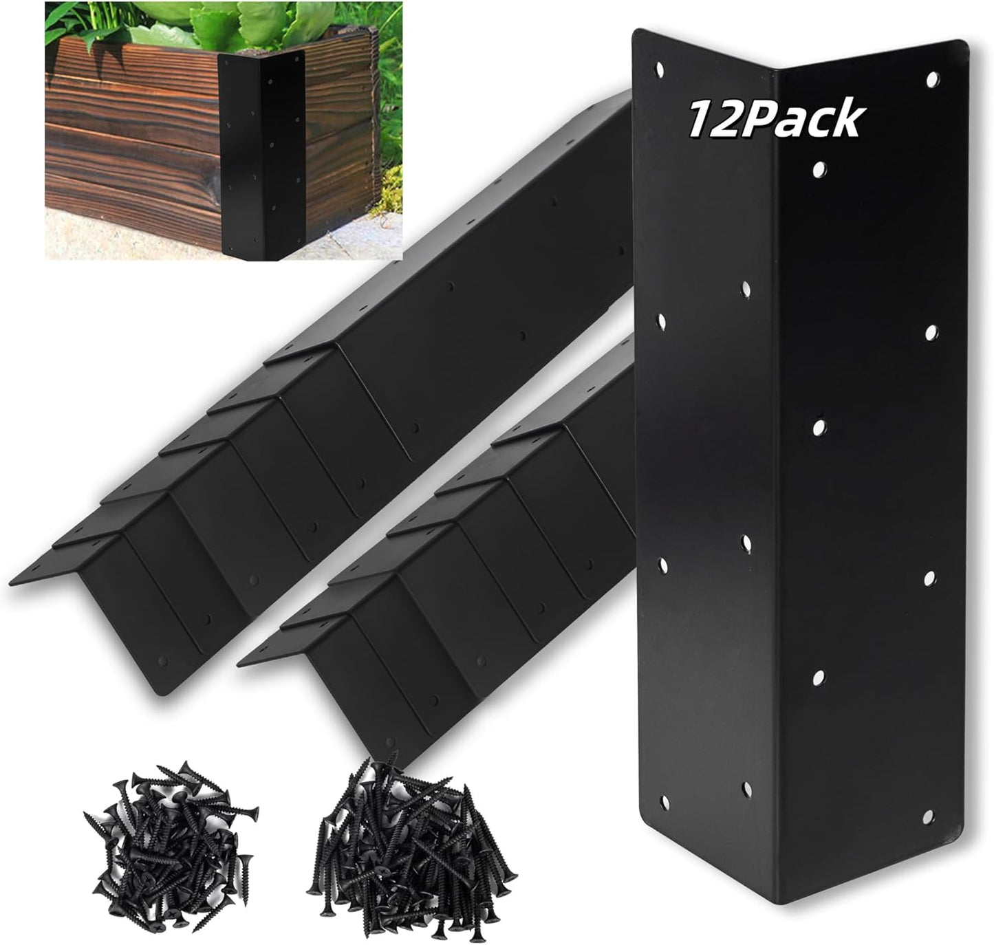 12 Pcs Raised Garden Bed Corner Brackets for 12''-24'' Flower Vegetable Furniture Planter Wood Garden Bed Box, 11 x 3 x 3 Black Metal Corner Brackets Decorative with Screws