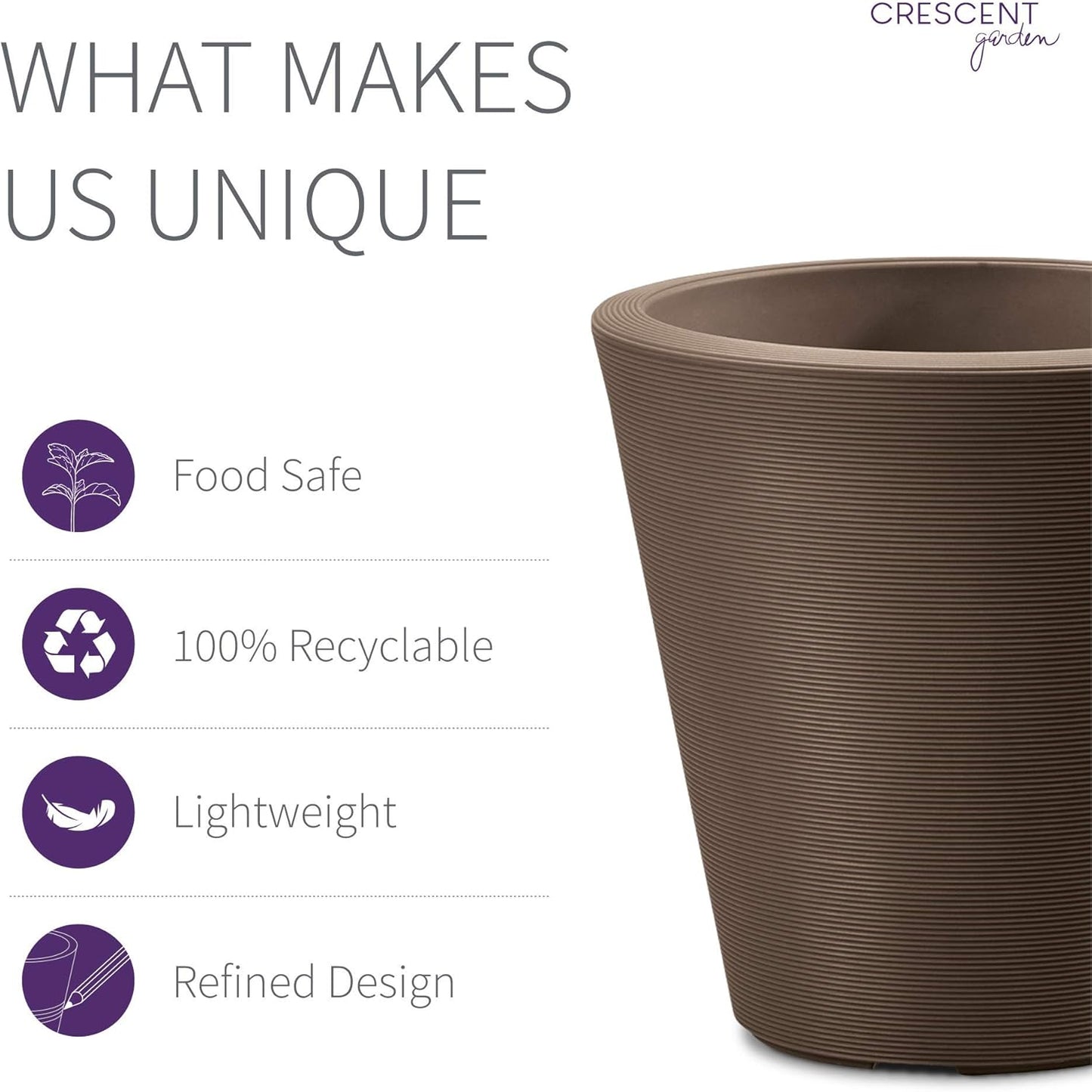 Crescent Garden Madison Planter– Weather-Resistant, Double Walled Indoor/Outdoor Plant Pot with Drain Hole – Extra Large Commercial Size Pot, 34" W (Bark)