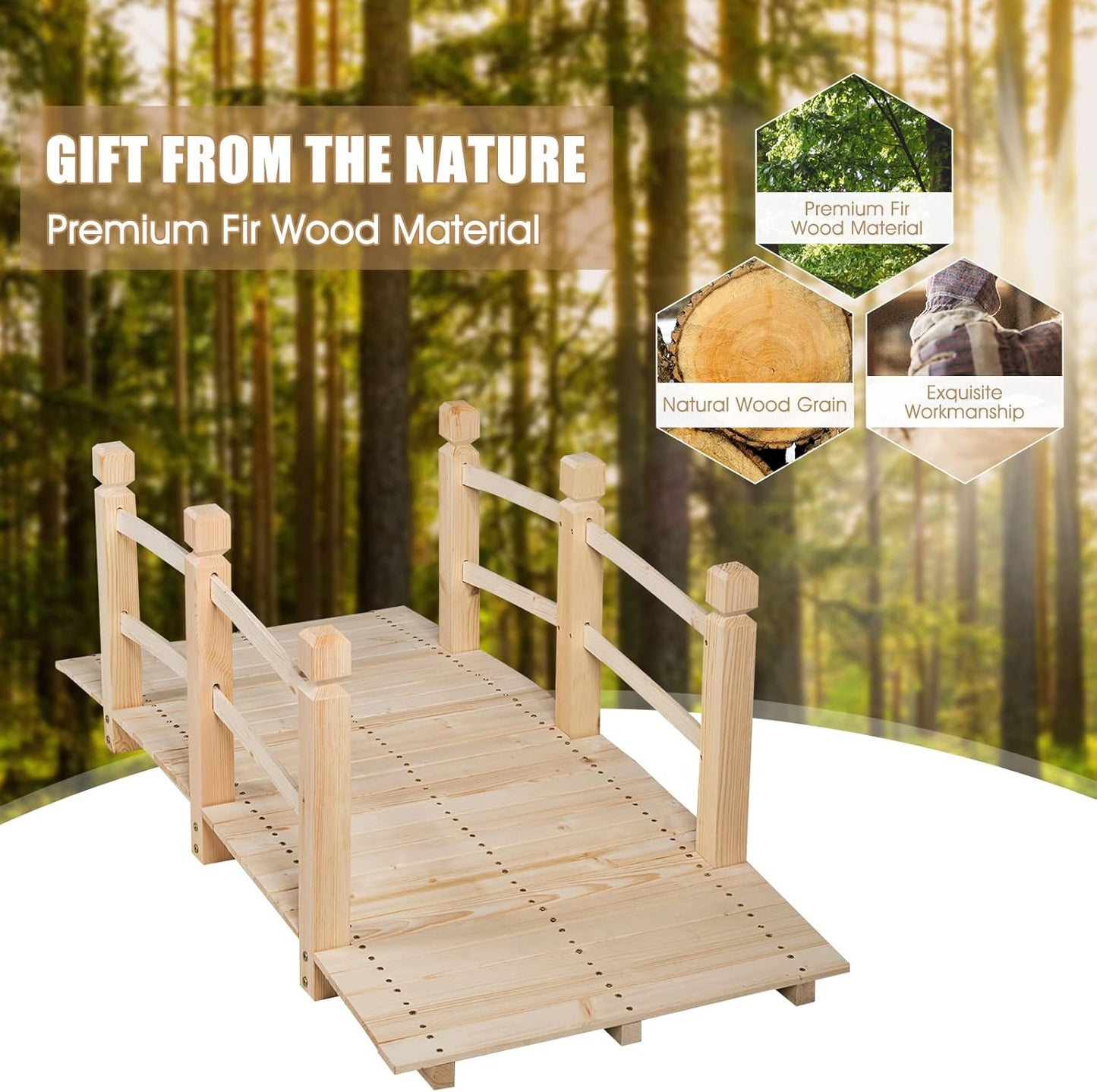 Giantex 5 FT Wooden Garden Bridge, Classic Wood Arc Footbridge with Railings, 400 lbs Capacity, Decorative Pond Bridge for Outdoor Garden Yard Backyard Creek Farm (Natural)