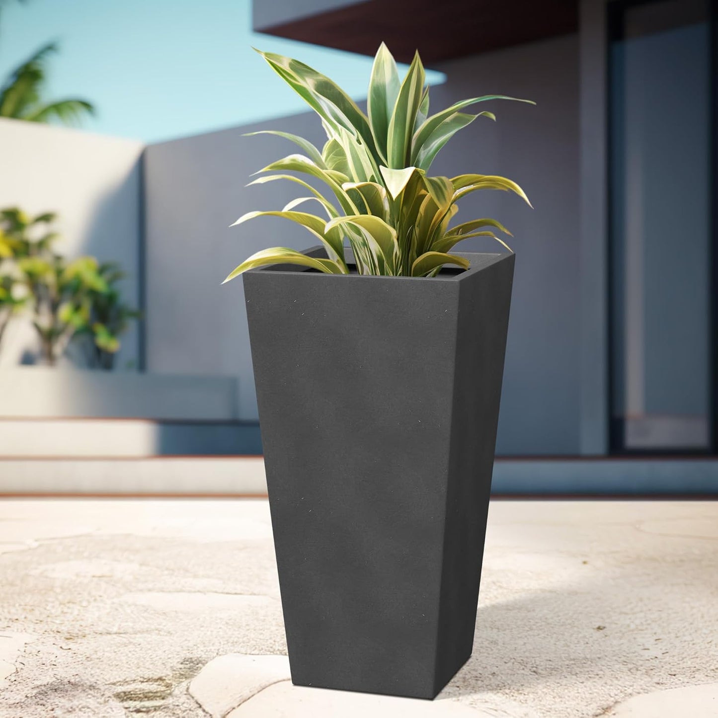 Kante 28 Inch Tall Tapered Concrete Planter, Modern Style Large Plant Pot with Drainage Hole and Rubber Plug for Patio, Backyard, Porch, Suitable for Indoor Outdoor Plants, Black