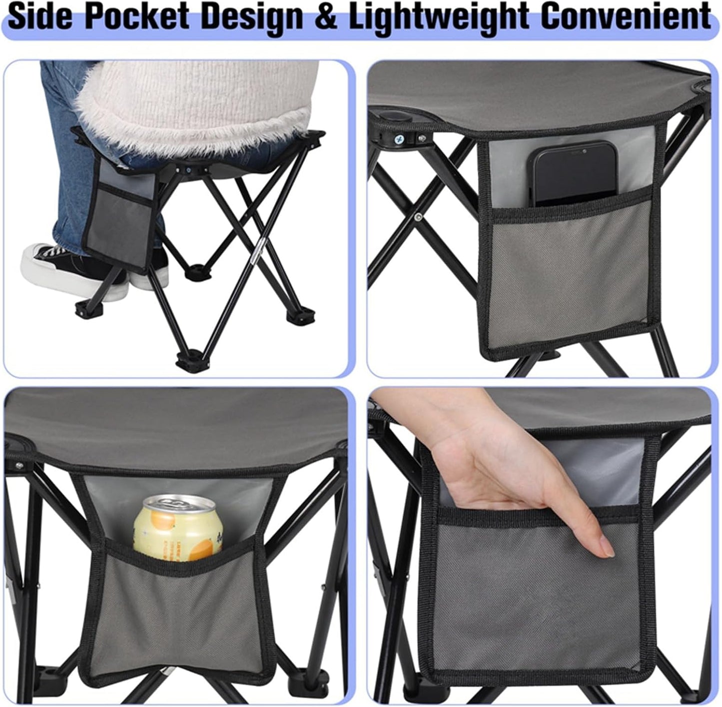 KABOER 2 Pack Folding Camping Stool Portable Outdoor Camping Chair for Fishing BBQ Hiking Gardening and Beach,Travel with Carry Bag(Grey)