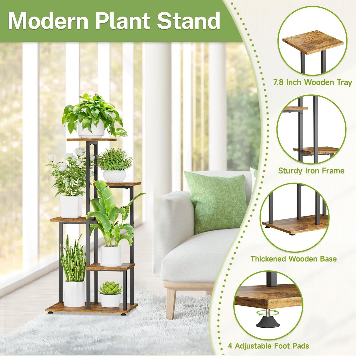 iDavosic.ly 5 Tier Plant Stand Indoor, Tiered Corner Flower Holder Shelf Outdoor, Metal Wood Tall Orchid Pot Display Rack for Patio Porch Garden Balcony Office, Modern Black & Rustic Brown