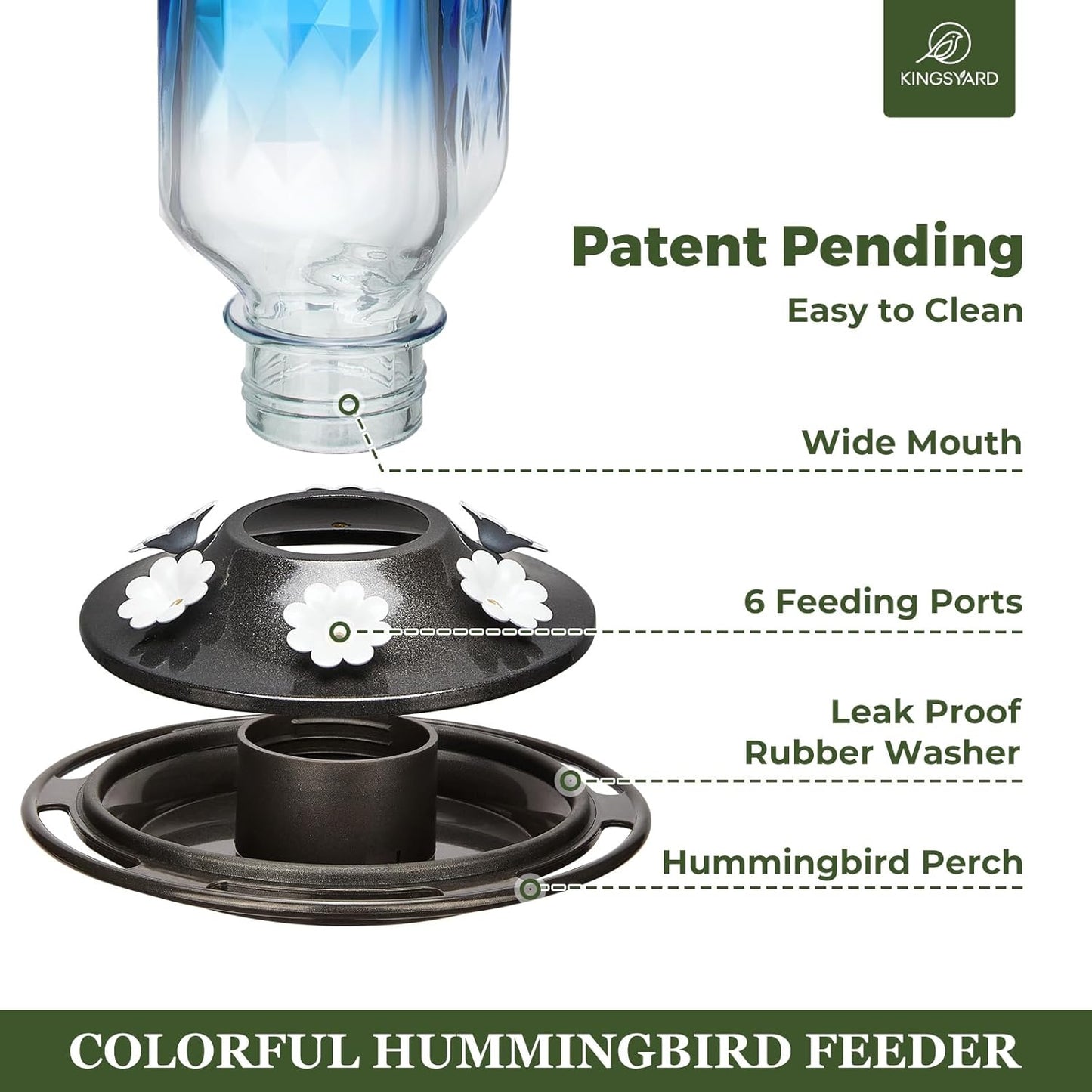 Kingsyard 2 Pack Glass Hummingbird Feeder for Outdoor Hanging, 24 Ounces, 6 Feeding Ports, Bird Nectar Feeder for Garden Décor, Ant Moat Included, Blue