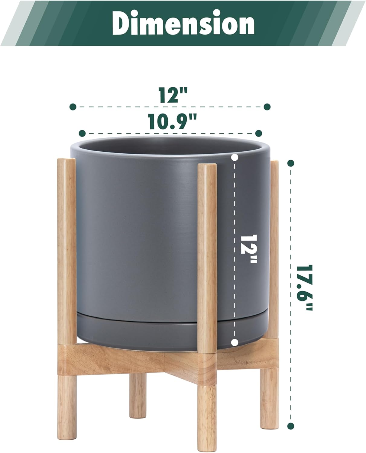 D'vine Dev Ceramic Planter with Natural Stand - 12 Inch Modern Round Flower Pot with Wood Planter Holder, Grey, 55-B-J-3