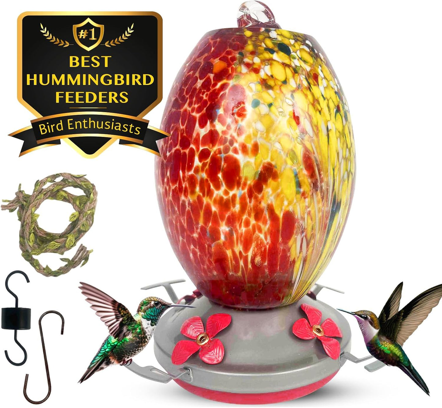 Nature Gear Hummingbird Feeder, Hanging-Mount Glass Hummingbird Feeders for Outdoors, Hand-Blown Glass Feeder with Ant Moat for Garden Hummingbirds, Easy to Clean & Rust Resistant, Volcano Red