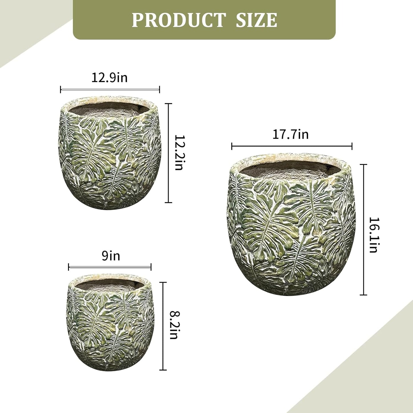 Craft flowerpots 18"+13"+9" Dia Round Concrete Planter Set of 3 Large Outdoor/Indoor Planter Pots Containers with Drainage Holes and Rubber Plug for Home Garden (Green, Large)