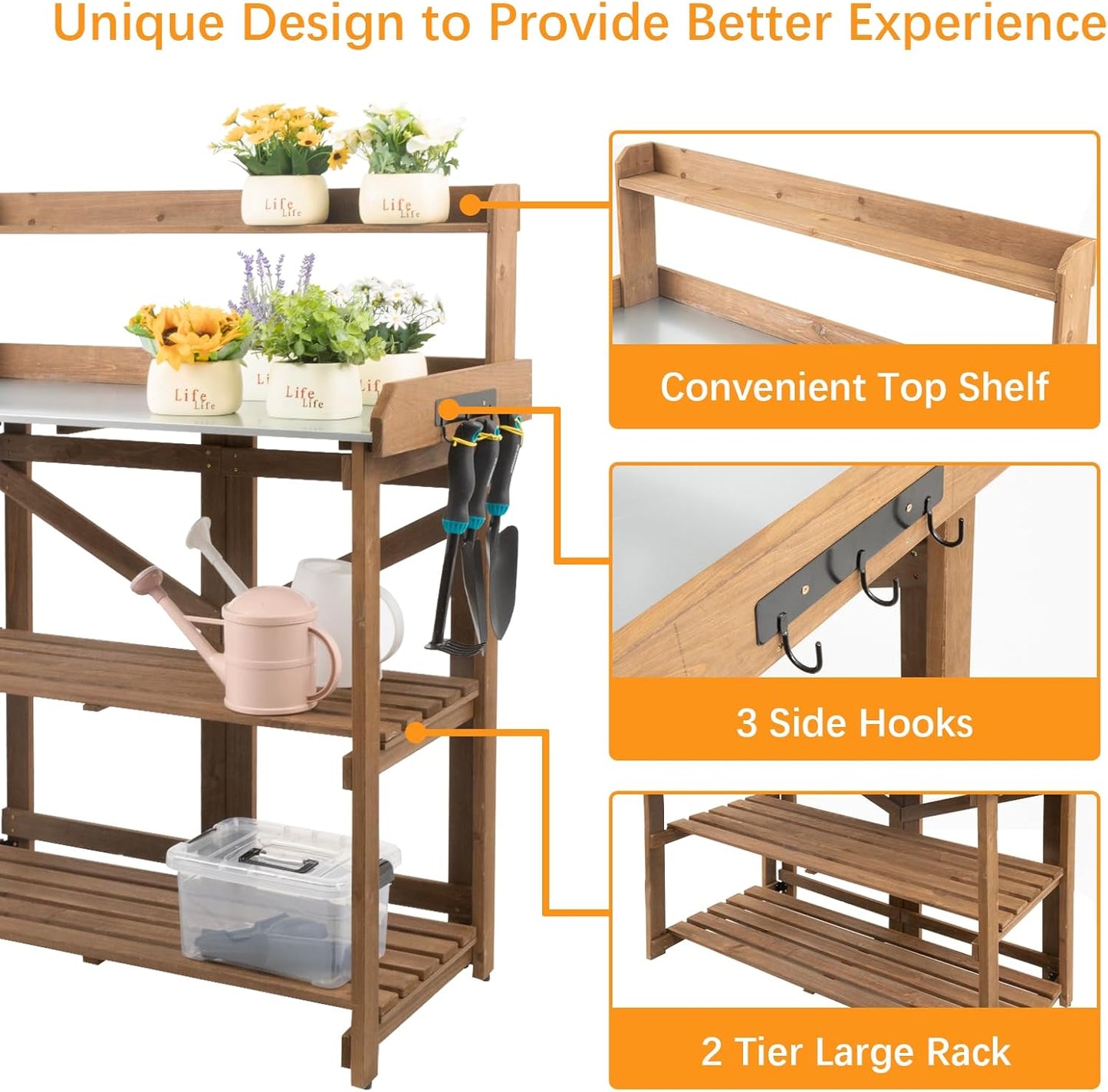 Folding Potting Bench Table,Outdoor Potting Bench Garden Wooden Potting Table,Fir Wood Workstation Planting Table with Galvanized Tabletop,2 Tier Storage Shelves,Top Shelf(Brown)