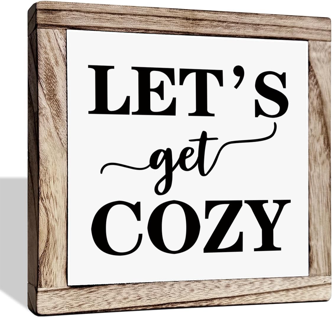 Cozy Bedroom Décor, Let's Get Cozy, Home Décor, Farmhouse Table Décor, Farmhouse Decor for Shelves, Home Decoration Sign for Shelf, Suitable for Placement on Living Room or Bedroom Shelves