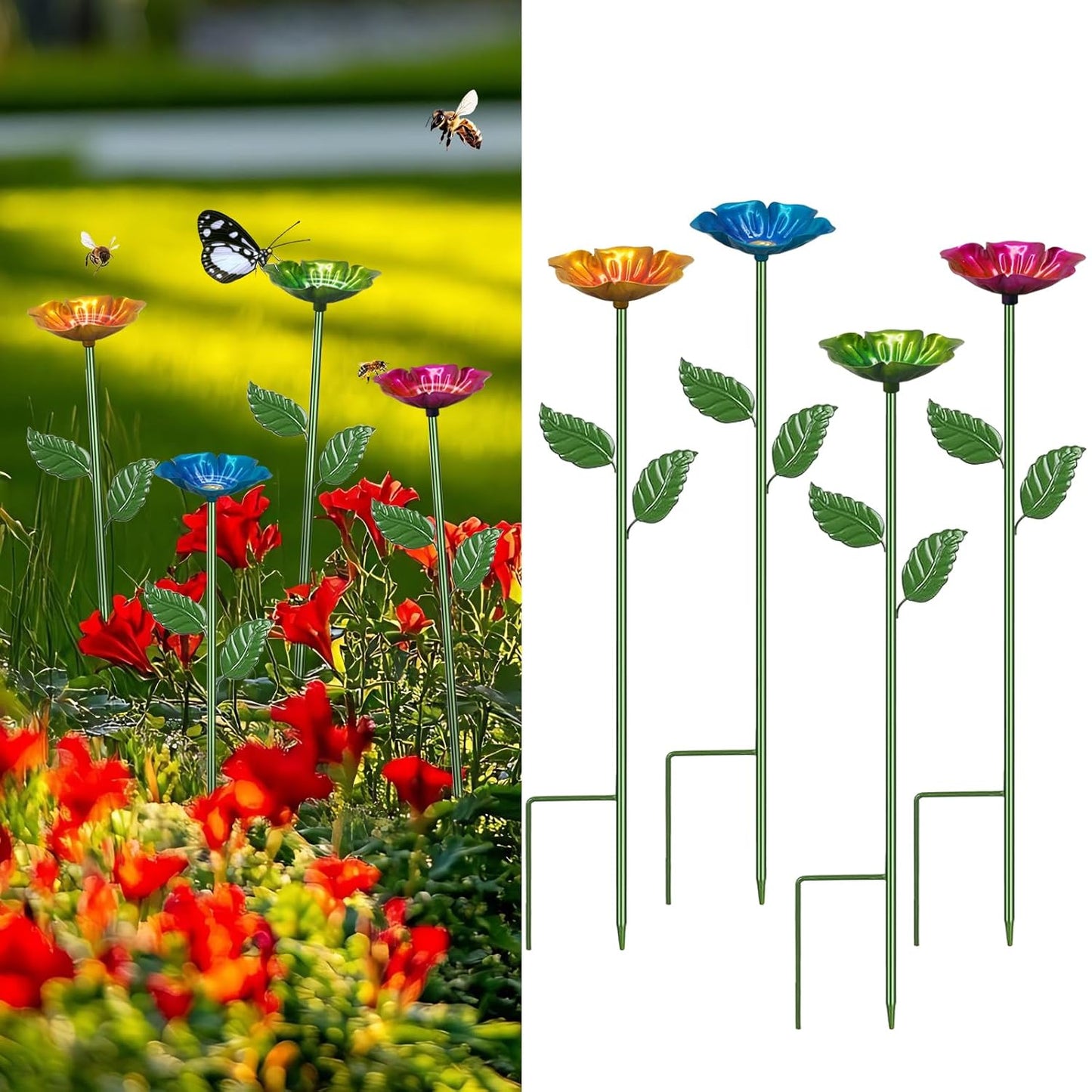 4 Pack Bee Watering Station,Colorful Metal Insect Bath Feeder for Garden, Butterfly Feeder and Bird Drinking with Flower Design, Outdoor Yard Decor (Red, Blue,Yellow,Green)