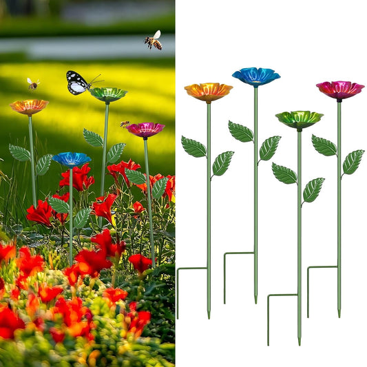 4 Pack Bee Watering Station,Colorful Metal Insect Bath Feeder for Garden, Butterfly Feeder and Bird Drinking with Flower Design, Outdoor Yard Decor (Red, Blue,Yellow,Green)