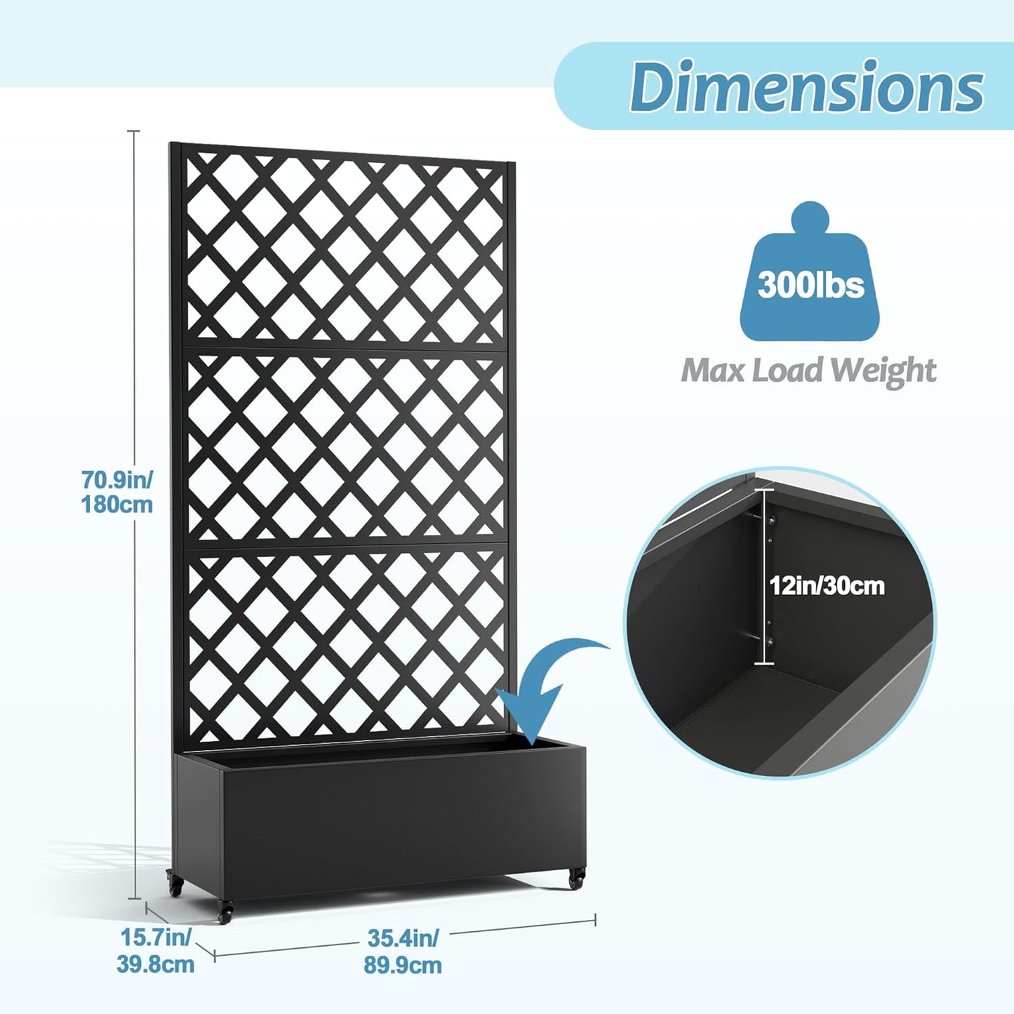 Metal Planter Box with Trellis & Wheels, Raised Garden Bed with Privacy Screen, Outdoor Standing Flower Beds with Drainage Hole for Climbing Plants, Vine, 35.4" L x 15.7" W x 70.9" H, Black
