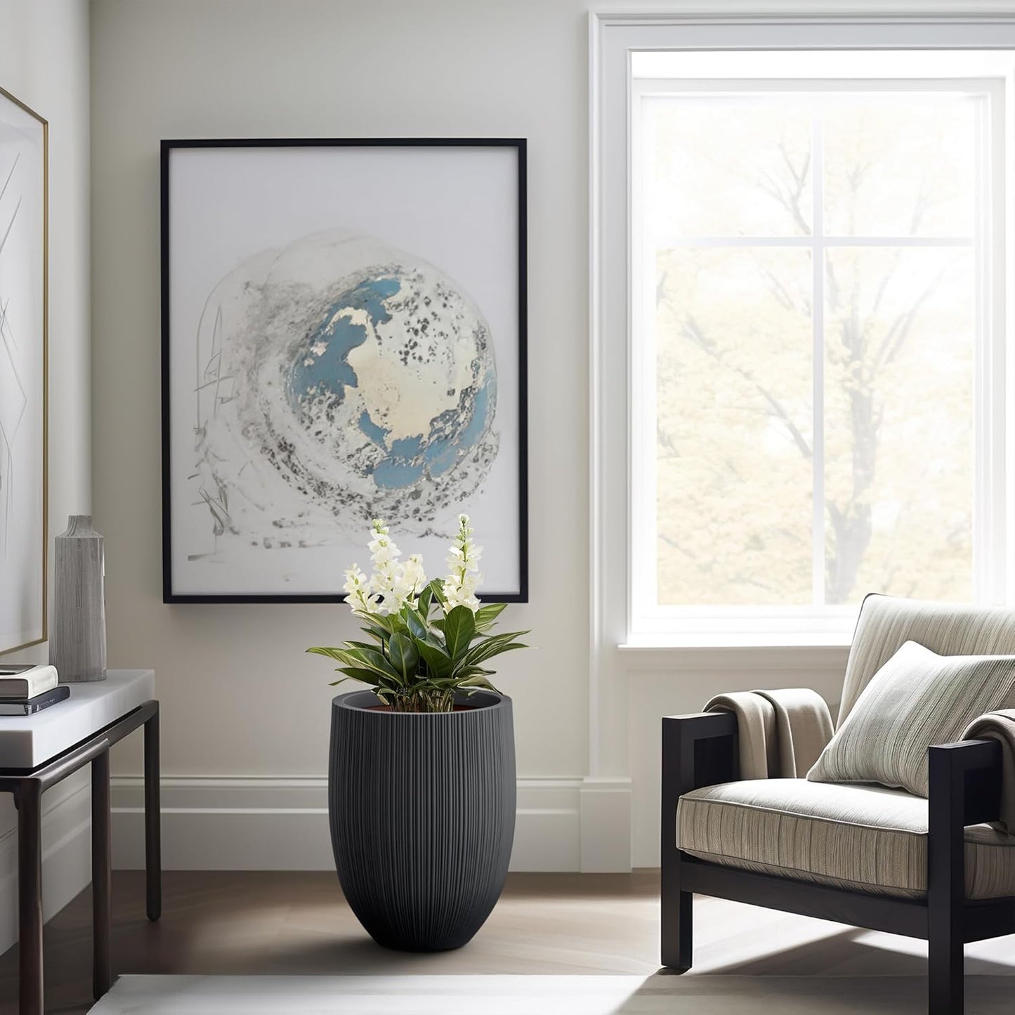 Kante Round Fluted Concrete Planter, 16.9-Inch Dia Barrel-Style Pot with Drainage Hole, Black Finish with Warm Brown Interior, 13.7" Opening, for Indoor and Outdoor Use