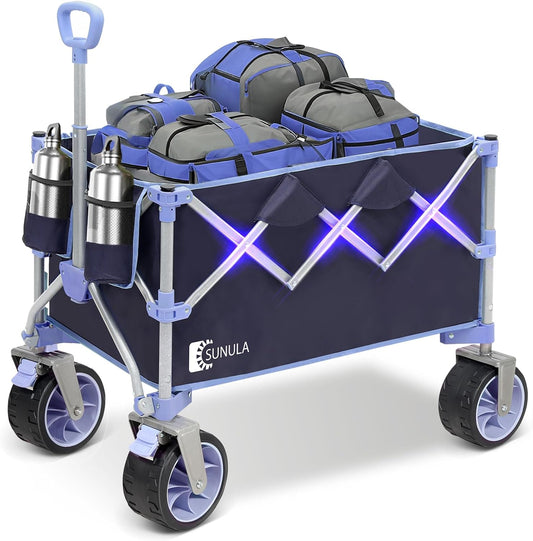 Collapsible Wagon Cart with 440lbs Weight Capacity, Heavy Duty Foldable Wagon with Big All-Terrain Wheels & Drink Holders, Utility Carts for Camping, Garden, Outdoor, Grocery, Sports. Blue