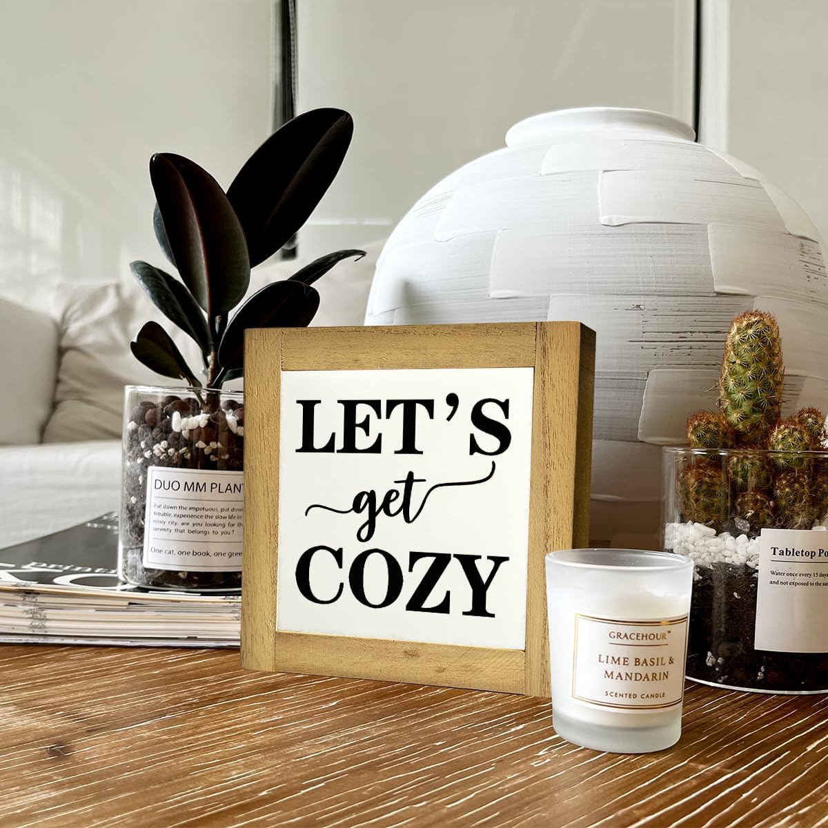 Inspirational Wood Signs, Box Wood Plaques Desk Décor, Farmhouse Home Decor Sign for Shelf, Family Table Decor for Kitchen Bedroom Dining Room, Living Room Decor, Housewarming Gift, Let's Get Cozy D