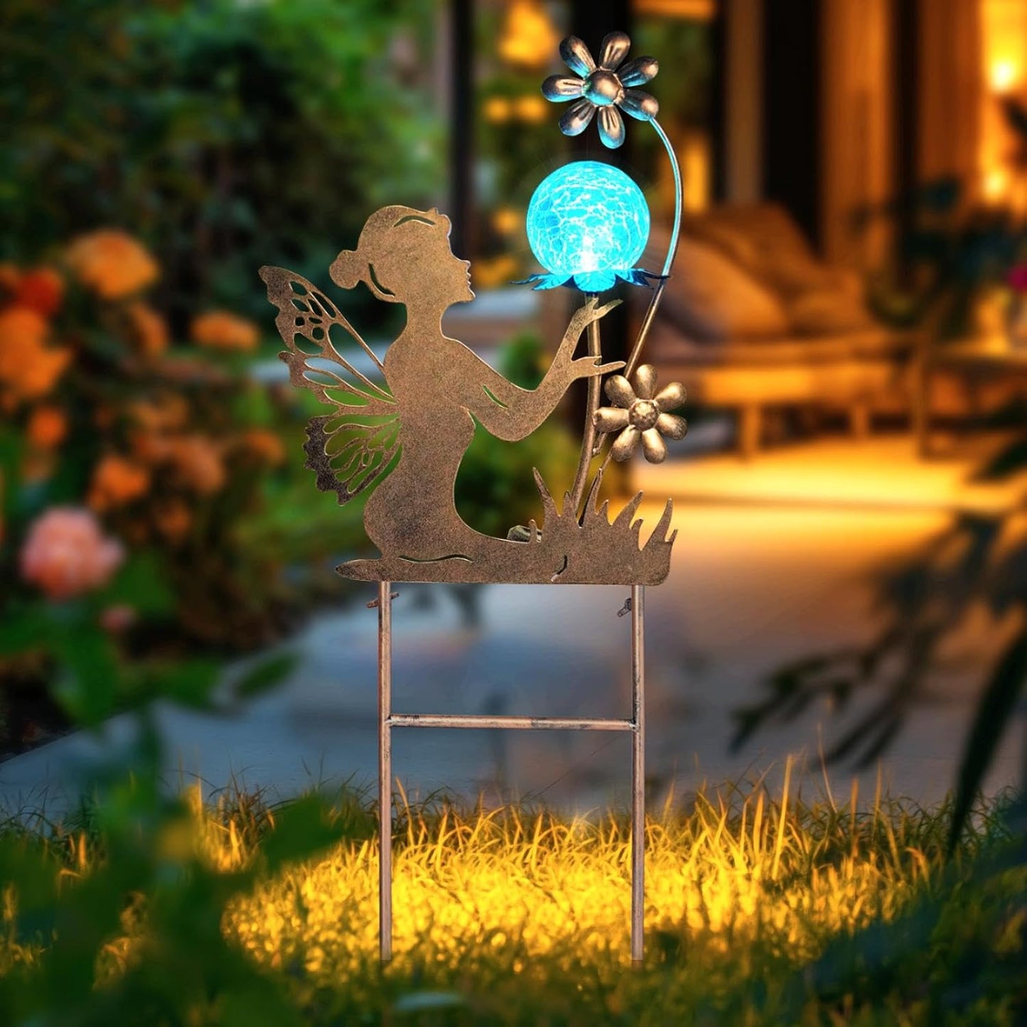 HONGLAND Fairy Garden Accesorries Solar Lights Garden Decor for Outside, Fairy Figurine Moon Lights Stake Housewarming Gifts for Patio Lawn Yard Pathway- Unique Gardening Gifts for Women Mom Grandma