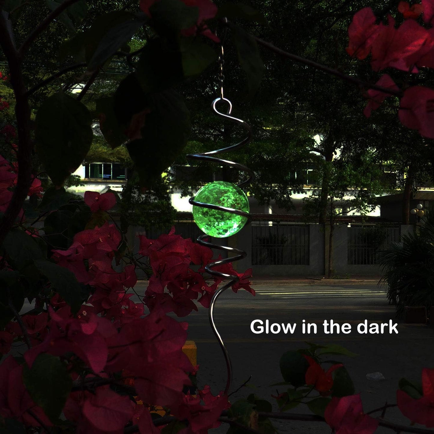 FONMY Gazing Ball Stainless Steel Spiral Tail-Decorative Wind Spinner with Glow Glass Ball, with Hanging Swivel Hook, Indoor Outdoor Decoration Silver Glow -13 inch Height