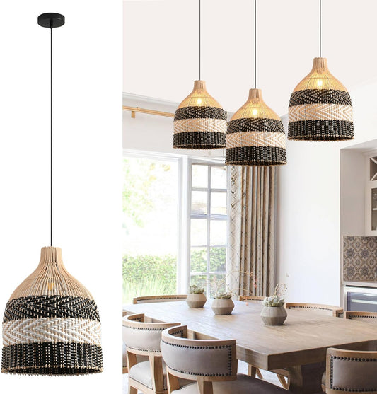 11.8" Rattan Pendant Light 1-Pack Black White Faux Rattan Basket Chandelier Boho Handmade Woven Oval Wicker Hanging Light Fixture for Public Place Dining Living Bedroom Kitchen