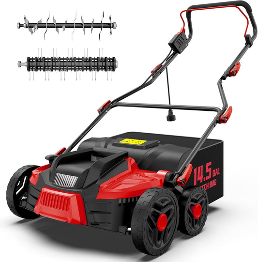 16-Inch 15.5 Amp 2-in-1 Electric Dethatcher and Scarifier with 14.5-Gallon Collection Bag, Lawn Dethatcher with 5-Position Adjustment, Quick-Fold, Keeps Lawn Healthy - Red