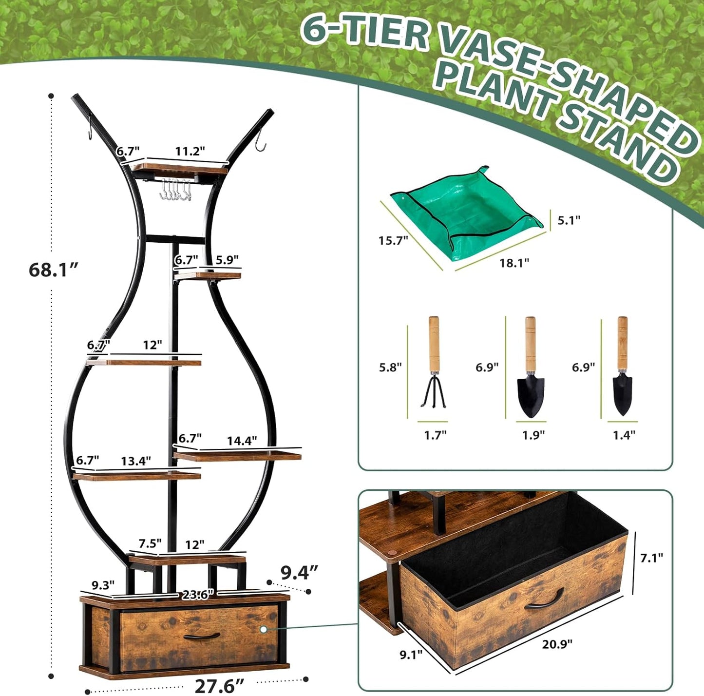7-Tier Indoor Plant Stand with Hanging Hooks & Drawer, 68.1" Tall Vase-Shaped Corner Plant Stand includes Tool Hangers, Aesthetic Tall Plants Shelf for Multiple Plants Flower Pot, Outdoor Plant Holder in Patio Balcony