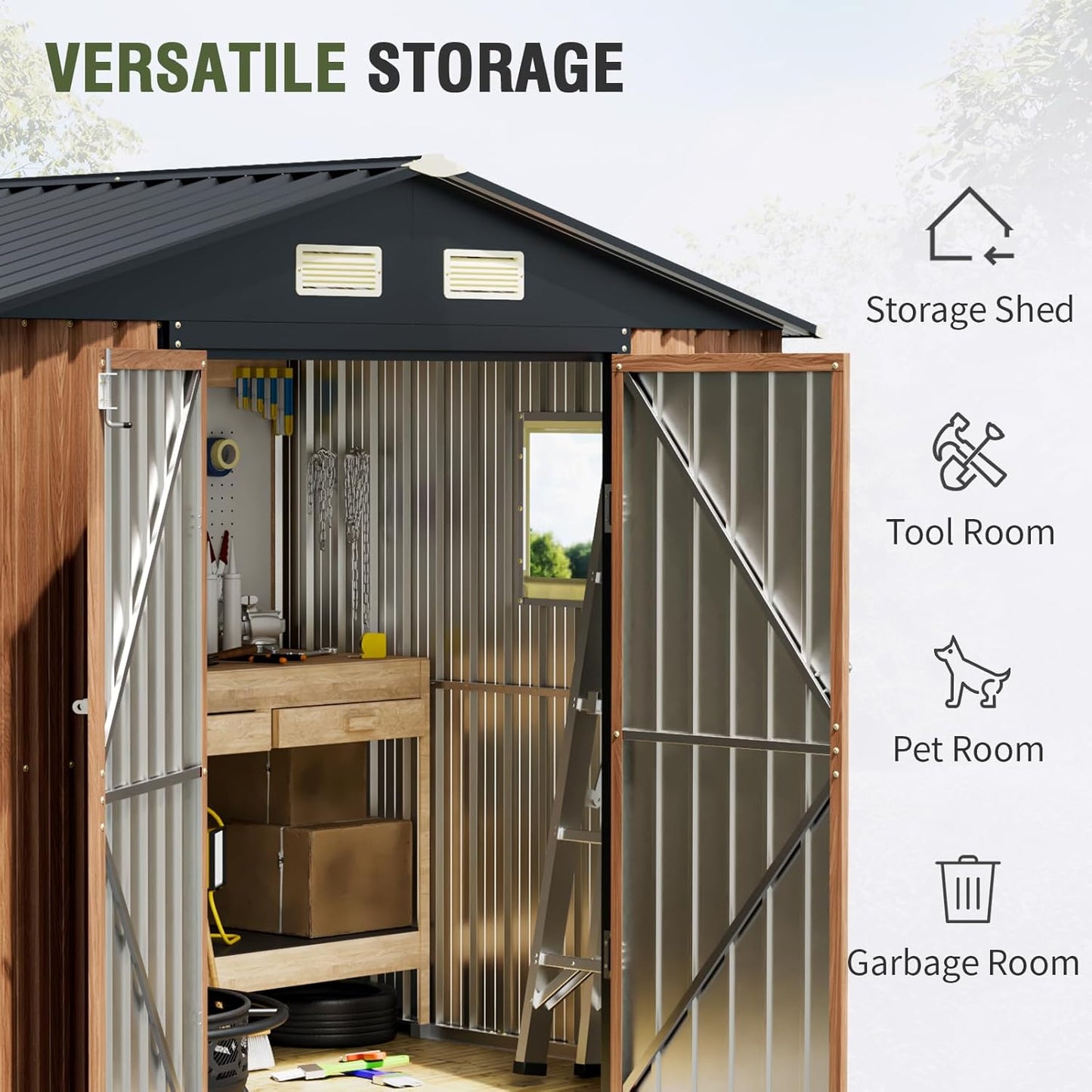 8x6 Ft Storage Shed, Large Outdoor Shed with Window, Lockable Doors, Outside Steel Shed for Garden, Backyard, Lawn, Patio Utility, Tool Storage