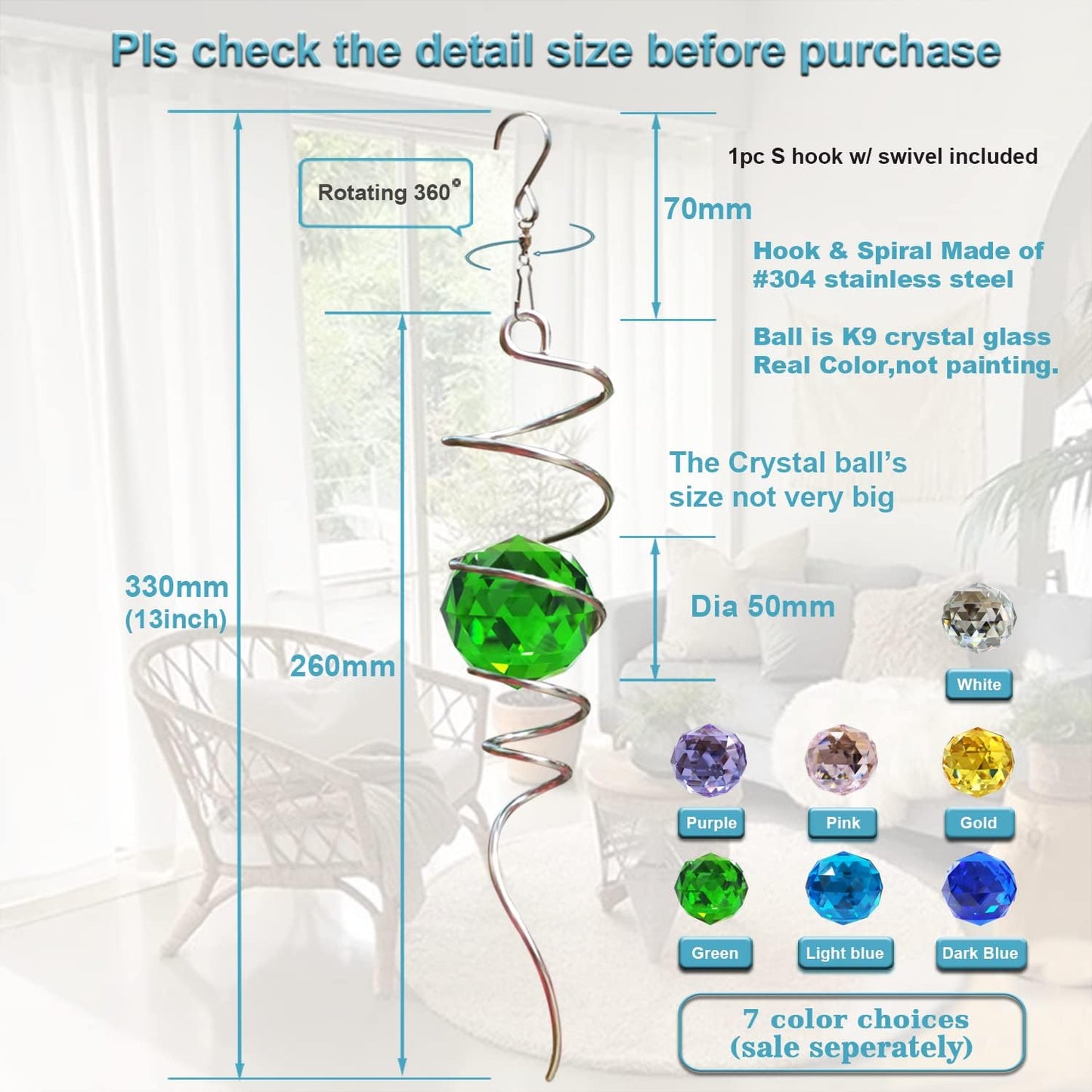 Fonmy Gazing Ball Spiral Tail -Decorative Wind Spinner Sun Catcher Rainbow Maker 11 inch Tail and 2 inch Green Crystal Orb. Indoor Outdoor Garden Decoration -13 inch Height