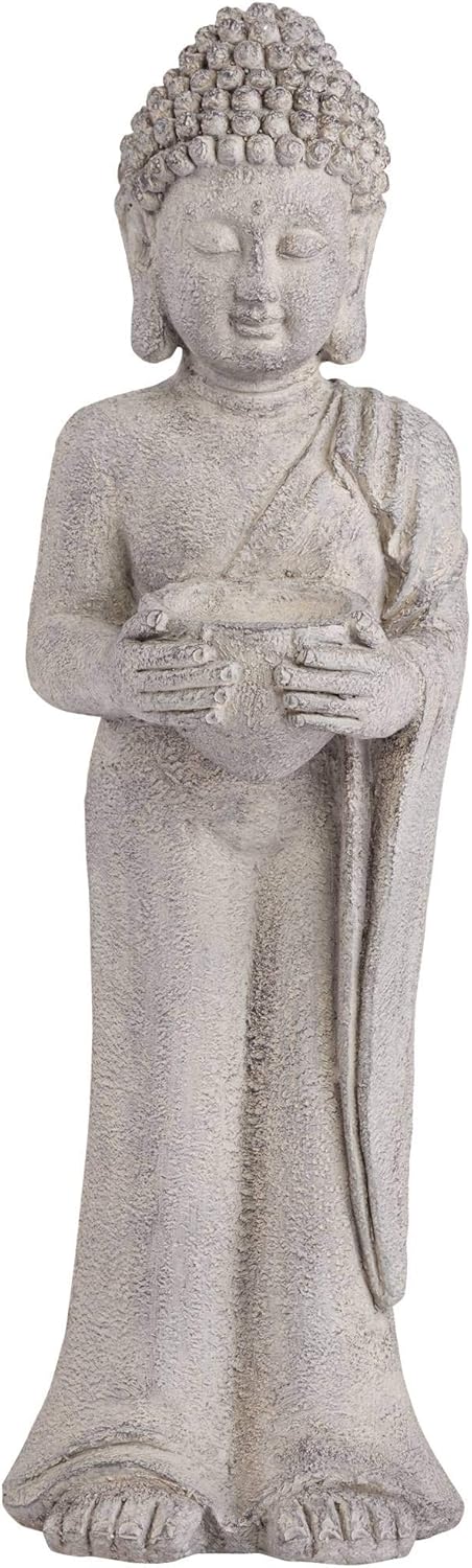 John Timberland Standing Buddha Statue Sculpture Zen Asian Japanese Garden Decor Indoor Outdoor Front Porch Patio Yard Outside Home Balcony House Exterior Lawn Gray Faux Stone Resin 32" Tall