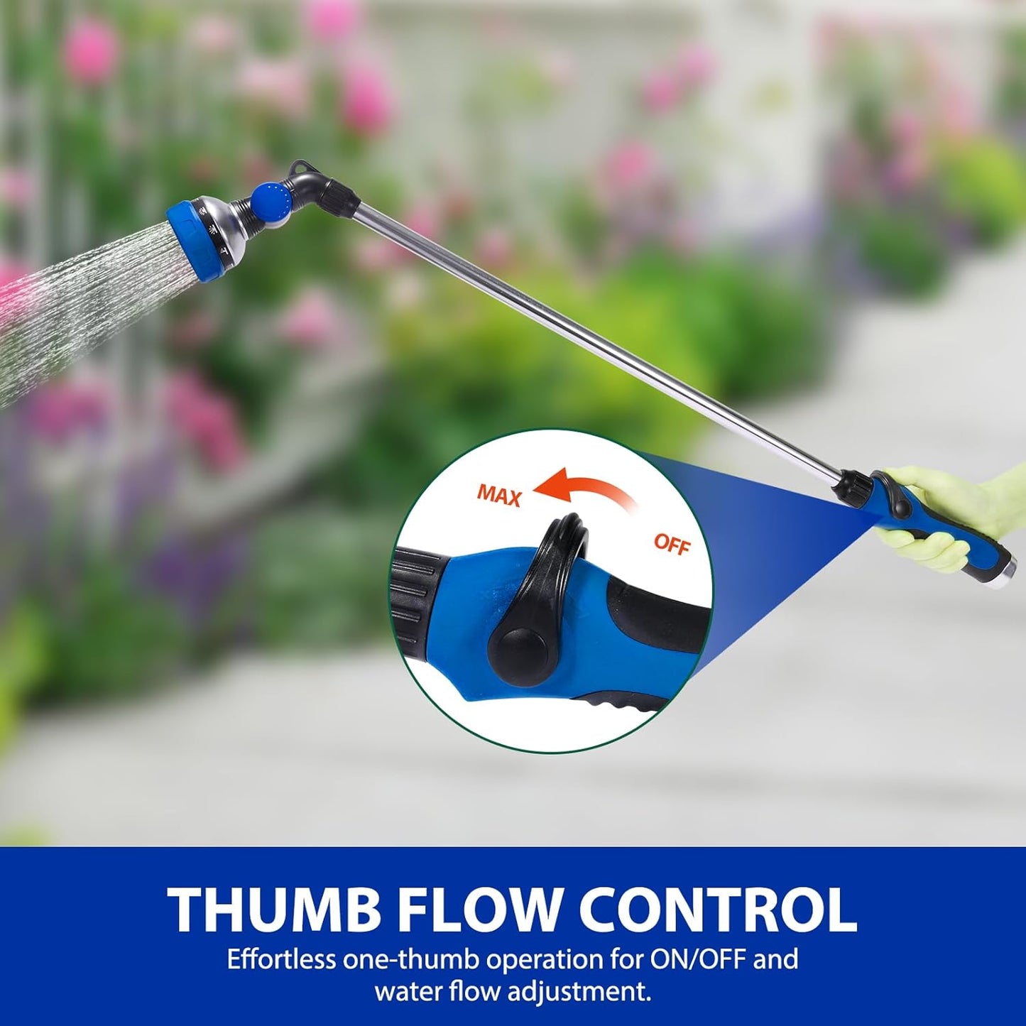 Watering Wand for Garden Hose, 30 Inch, 10 Spray Patterns, Thumb Control Garden Hose Nozzle, Adjustable Water Sprayer with Pivoting Head, Ideal for Hanging Baskets, Plants, and Shrubs, Blue