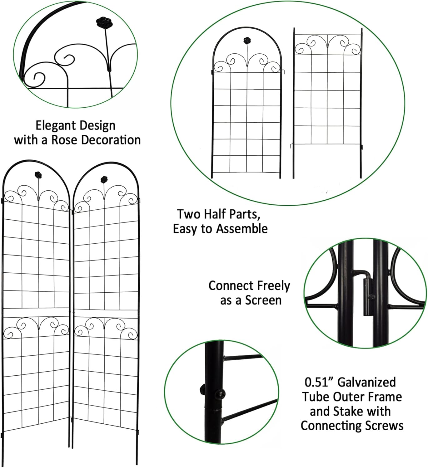 2 Pack Metal Garden Trellis for Climbing Plants, 86.7" Tall Rustproof Outdoor Trellis Panel w/Curly Grass Design, Decorative Black Iron Plant Support for Vine, Rose, Flower, Garden Wall