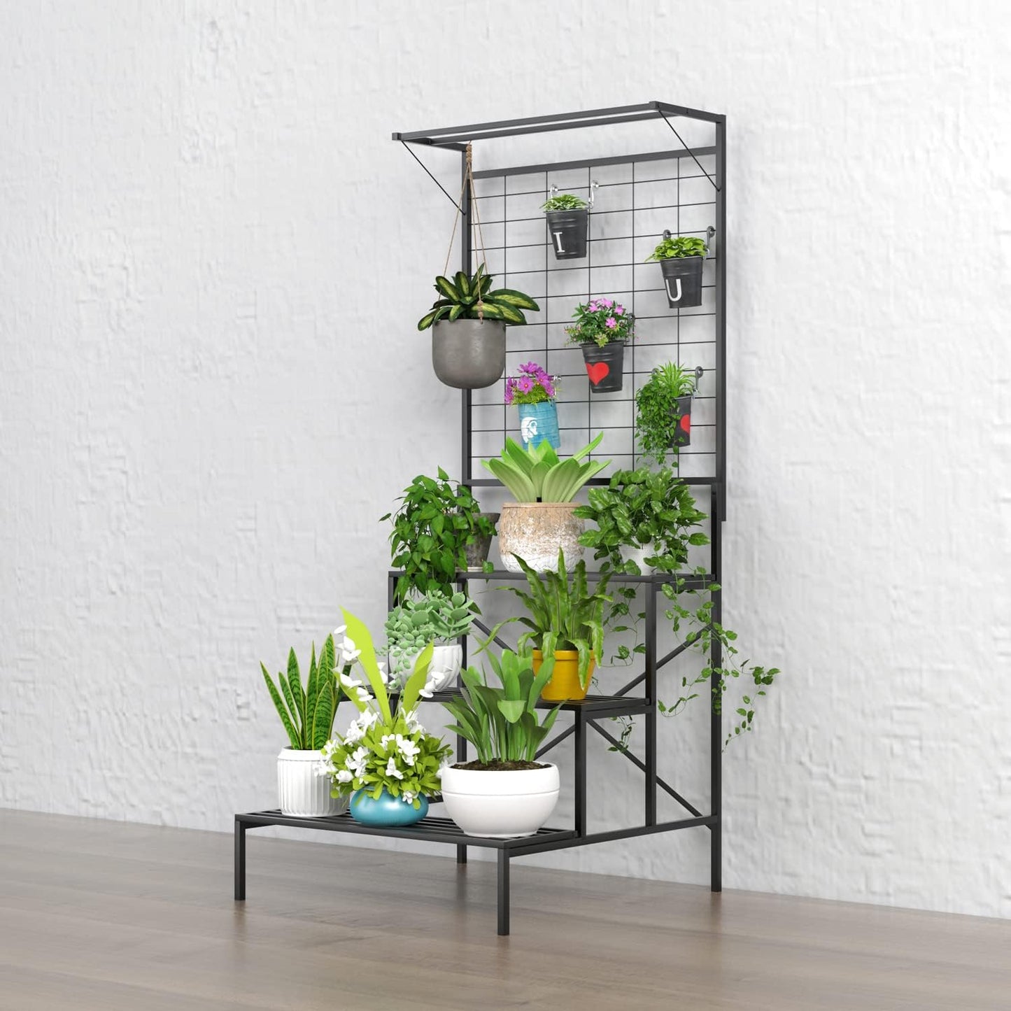 Zhongma 3 Tier Large Heavy Duty Plant Stand with Hanging Plant pot shelf, 35.43 x 33.27 x 78.74, Tall multi layer Plant Holder for Home, Garden, Each Tier: 35.43 L x 10.5W, Easy to Hold Large Plant