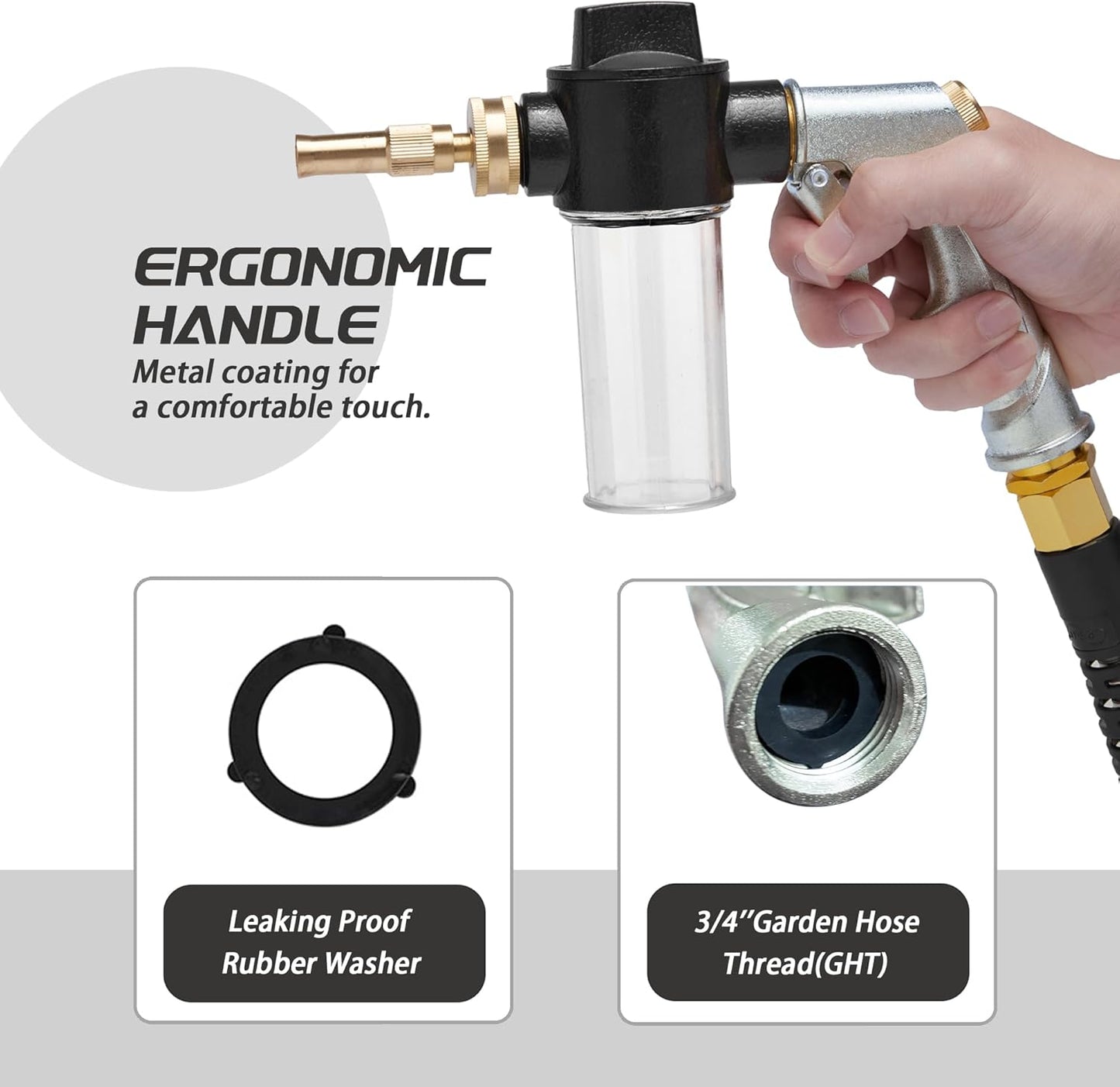 Garden Hose Nozzle Sprayer with 3.5oz Plastic Soap Dispenser Bottle, Heavy Duty High Pressure Car Wash Foam Gun, Adjustable Nozzle for Gardening, Solar Panel Cleaning, Pet Showering (Silver)