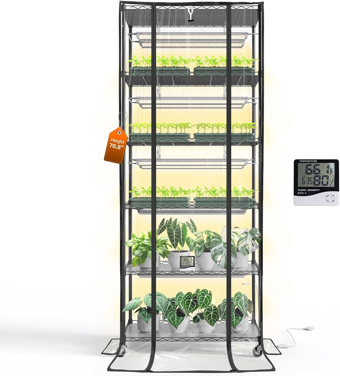 DIY Plant Shelf with Grow Lights and EVA Greenhouse Cover, Plant Stand with Adjustable Rack and Wheels, 8-Pack 192W T8 3000K Full Spectrum Plant Lights for Seed Starting (29.5L x 13.8W x 70.9H)